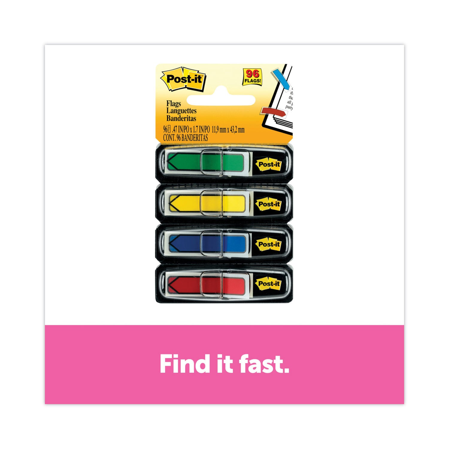 Post-it® Flags Arrow 0.5" Page Flags, Assorted Primary, 24/Color, 96 Flags/Pack