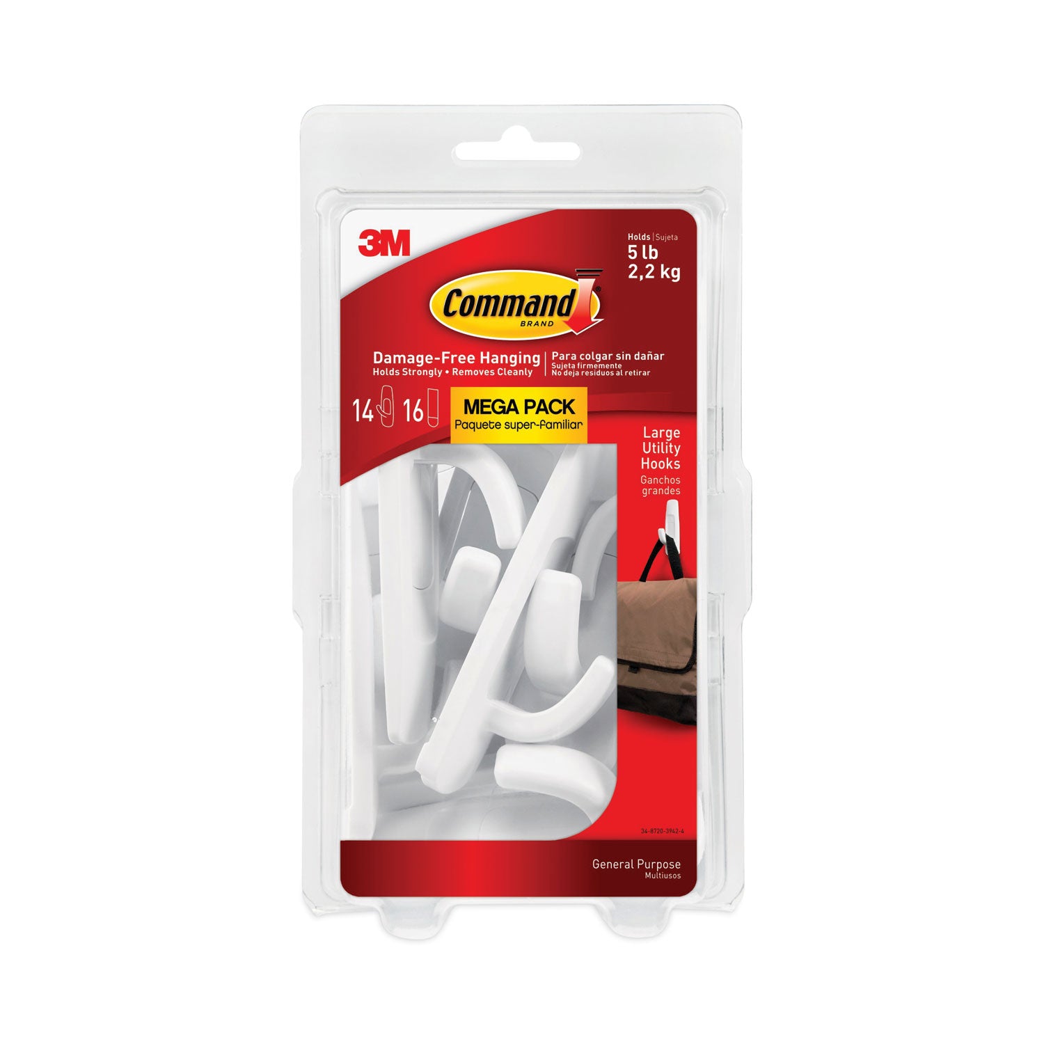 Command™ General Purpose Hooks, Large, Plastic, White, 5 lb Capacity, 14 Hooks and 16 Strips/Pack