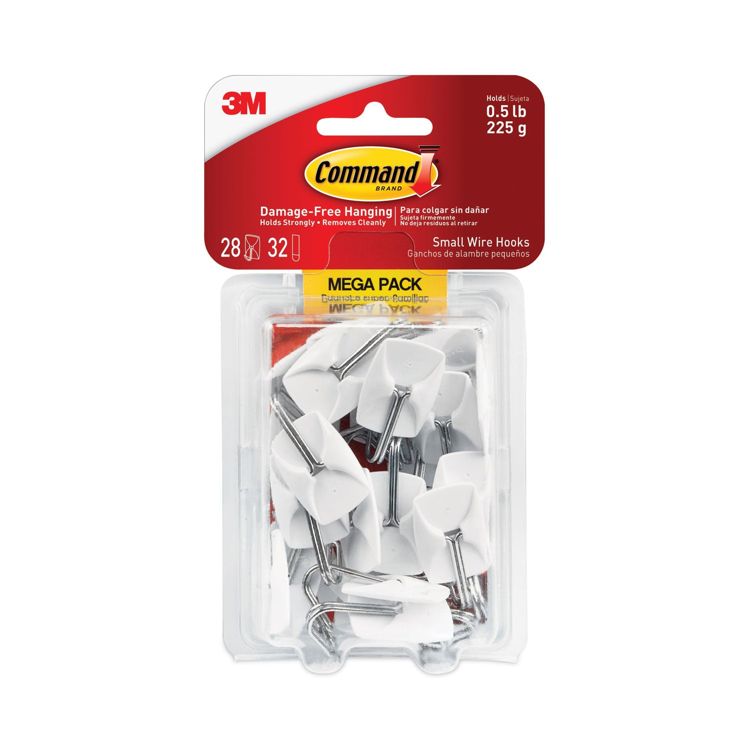 Command™ General Purpose Hooks, Small, Metal, White/Silver, 0.5 lb Capacity, 28 Hooks and 32 Strips/Pack