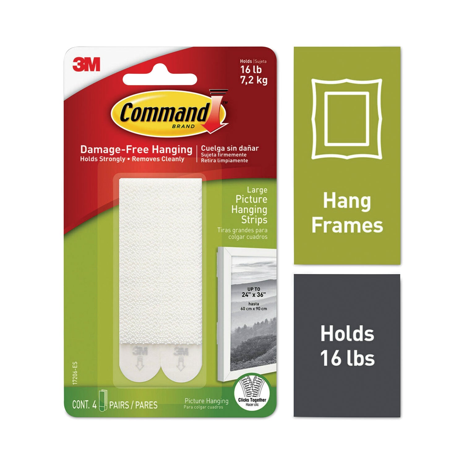 Command™ Picture Hanging Strips, Removable, Holds Up To 4 Lbs Per Pair, 0.5 X 3.63, White, 4 Pairs/pack