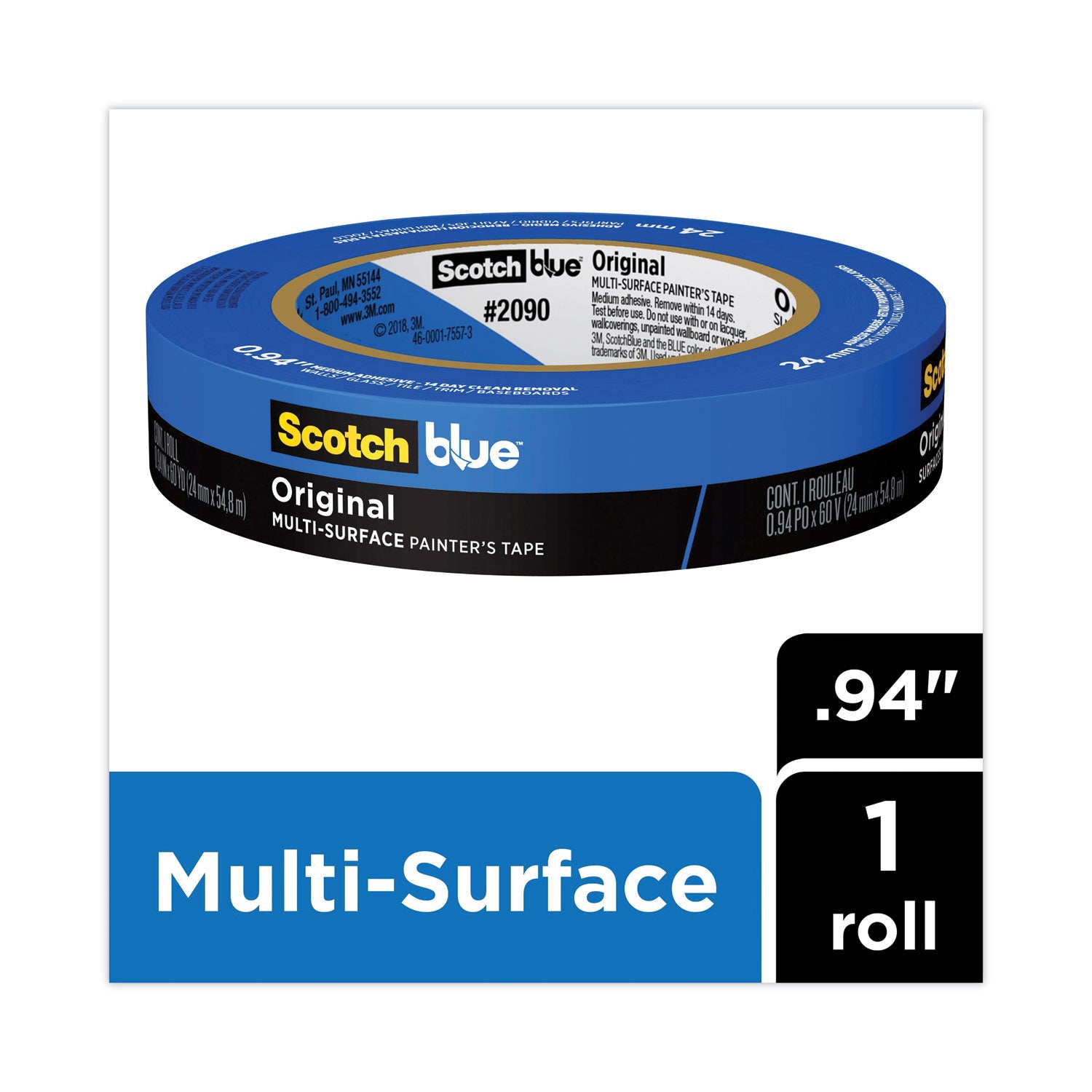 ScotchBlue™ Original Multi-Surface Painter's Tape, 3" Core, 0.94" X 60 Yds, Blue