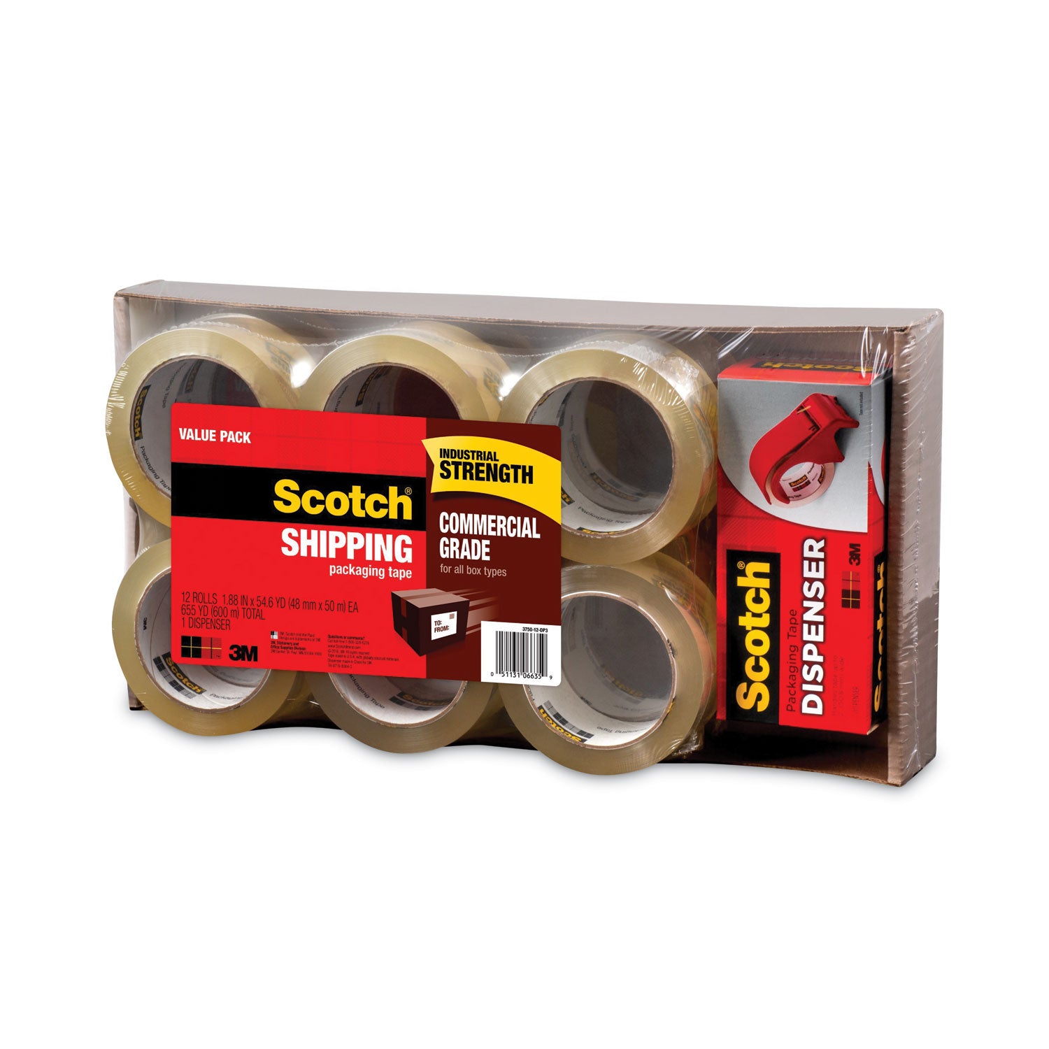 Scotch® 3750 Commercial Grade Packaging Tape With Dp300 Dispenser, 3" Core, 1.88" X 54.6 Yds, Clear, 12/pack