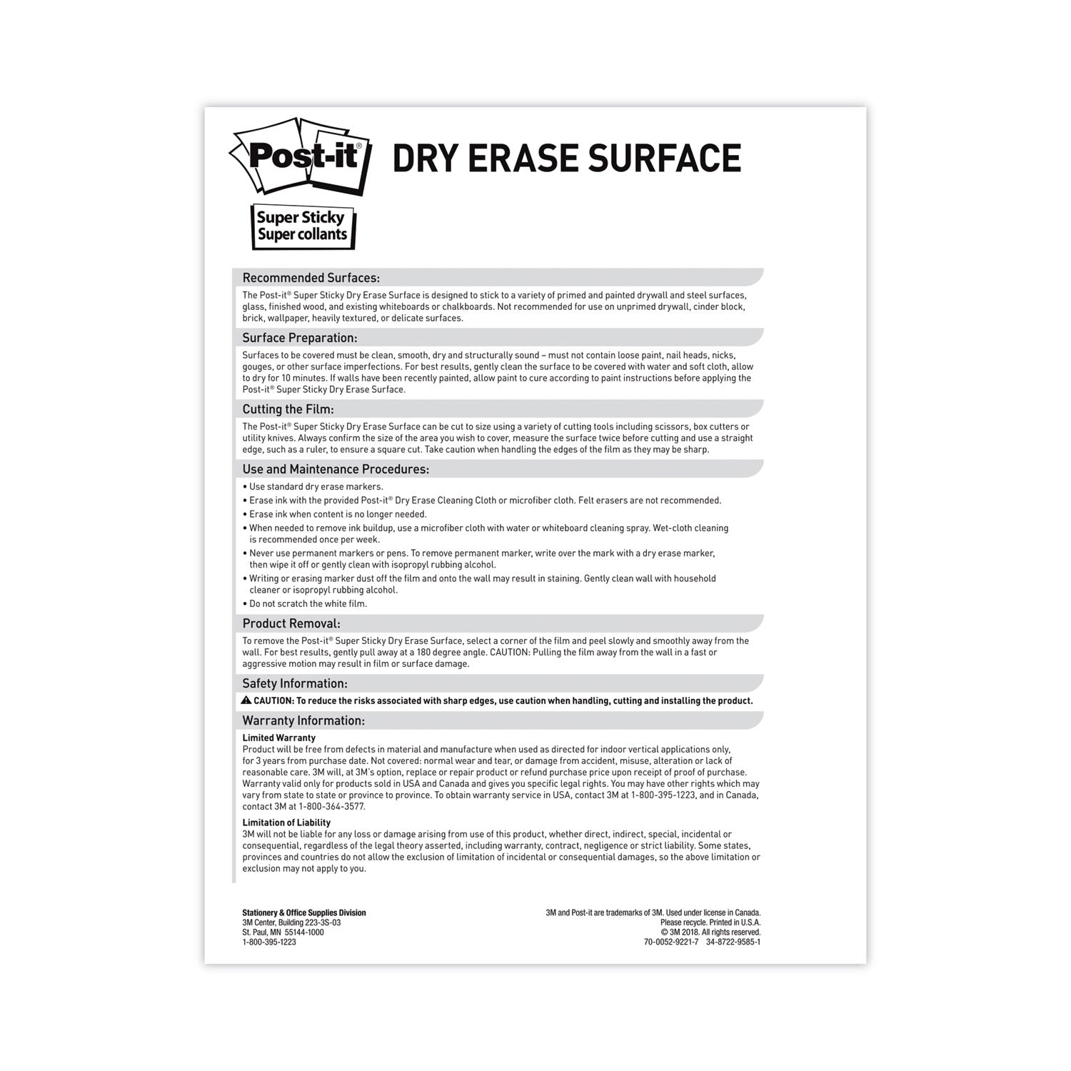 Post-it® Dry Erase Surface, Laminate Film, 50 ft x 7 mil x 48", White