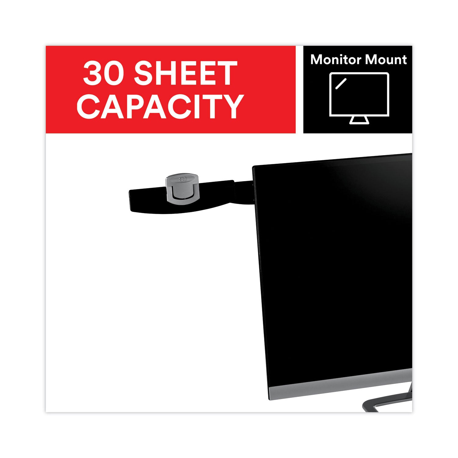3M™ Swing Arm Copyholder, Adhesive Monitor Mount, 30 Sheet Capacity, Plastic, Black/silver Clip