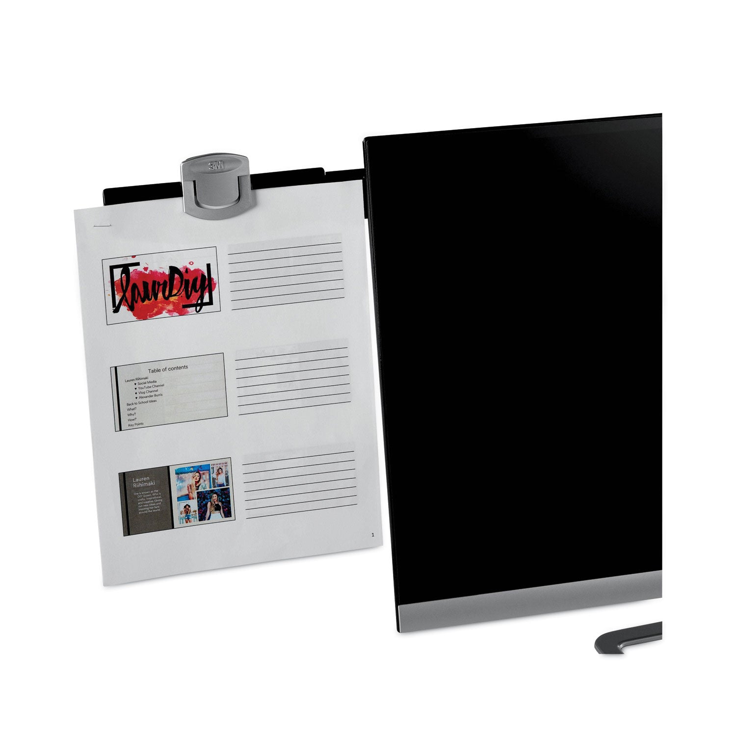 3M™ Swing Arm Copyholder, Adhesive Monitor Mount, 30 Sheet Capacity, Plastic, Black/silver Clip