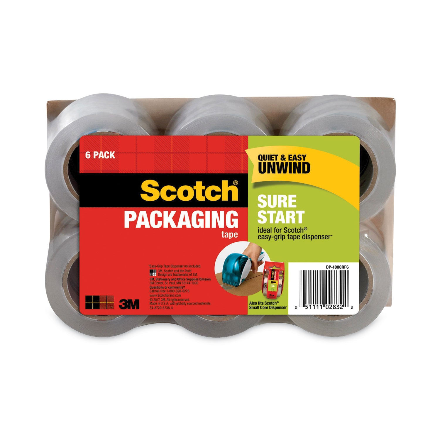 Scotch® Sure Start Packaging Tape For Dp1000 Dispensers, 1.5" Core, 1.88" X 75 Ft, Clear, 6/pack