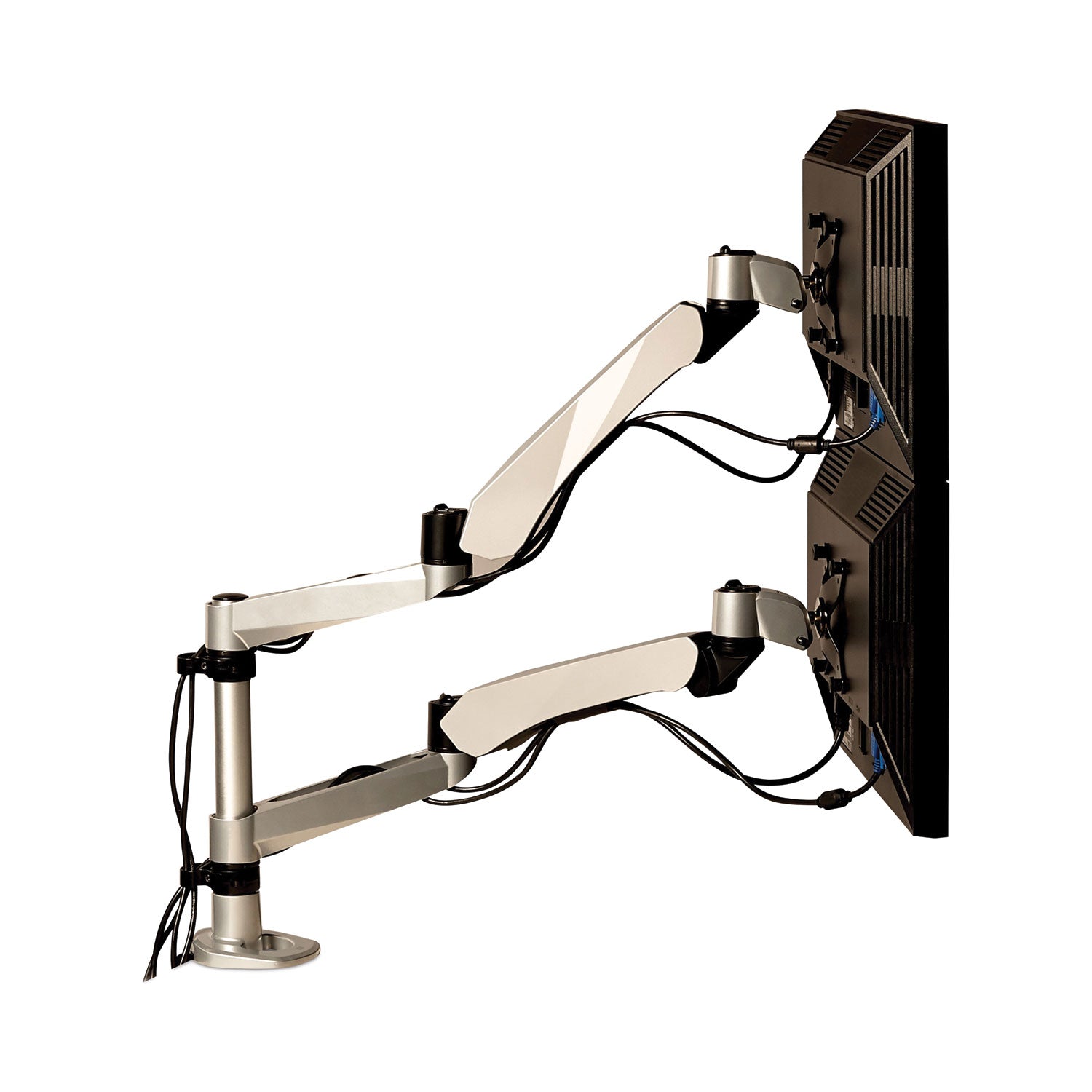 3M™ Easy-Adjust Desk Dual Arm Mount For 27" Monitors, 360 Deg Rotation, +90/-15 Deg Tilt, 360 Deg Pan, Silver, Supports 20 Lb