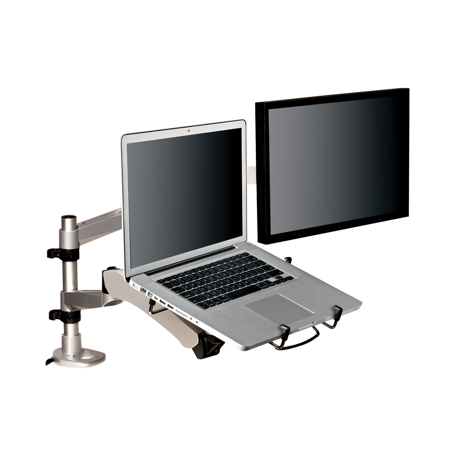 3M™ Easy-Adjust Desk Dual Arm Mount For 27" Monitors, 360 Deg Rotation, +90/-15 Deg Tilt, 360 Deg Pan, Silver, Supports 20 Lb