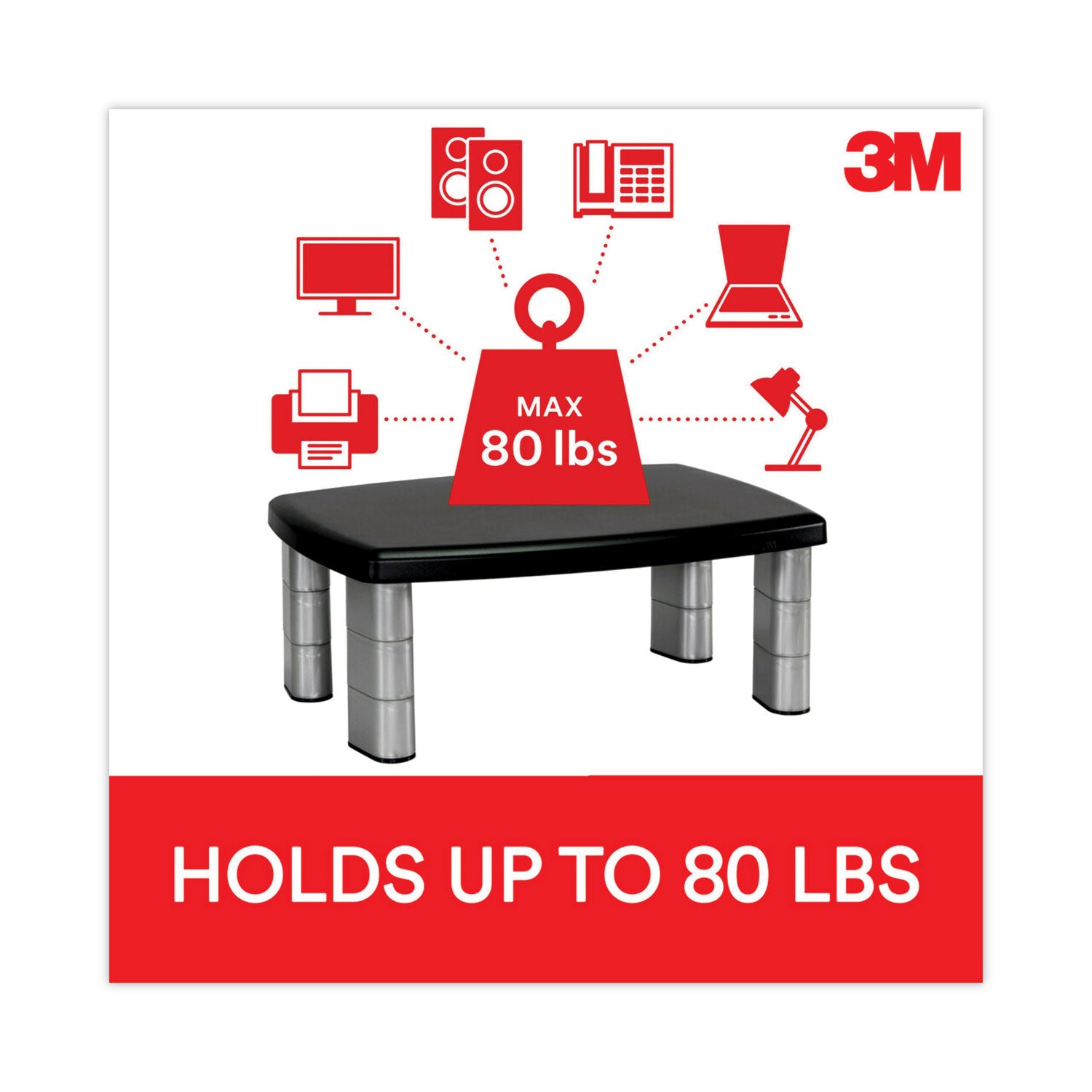 3M™ Adjustable Height Monitor Stand, 15" X 12" X 2.63" To 5.78", Black/silver, Supports 80 Lbs