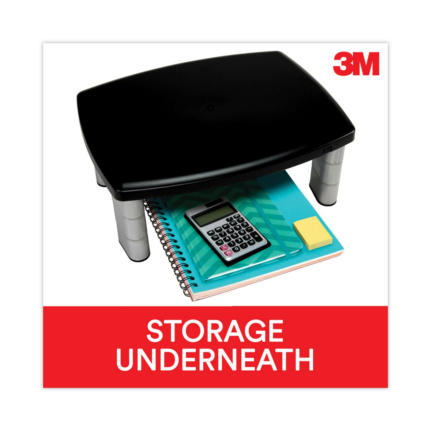 3M™ Adjustable Height Monitor Stand, 15" X 12" X 2.63" To 5.78", Black/silver, Supports 80 Lbs