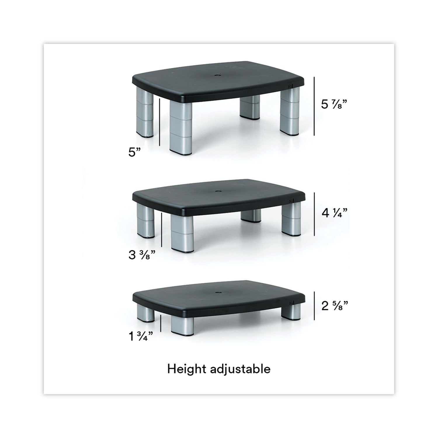 3M™ Adjustable Height Monitor Stand, 15" X 12" X 2.63" To 5.78", Black/silver, Supports 80 Lbs