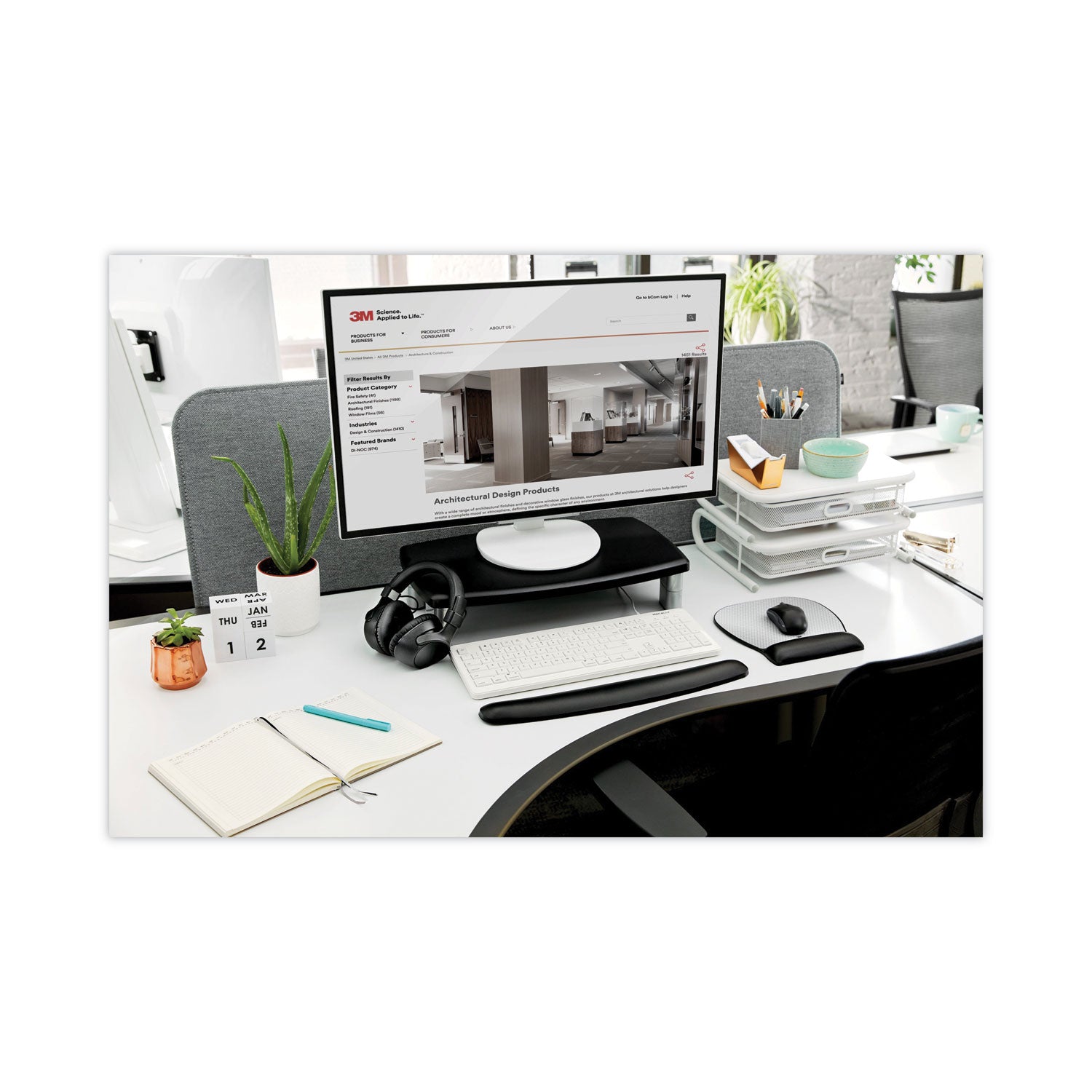 3M™ Extra-Wide Adjustable Monitor Stand, 20" X 12" X 1" To 5.78", Silver/black, Supports 40 Lbs