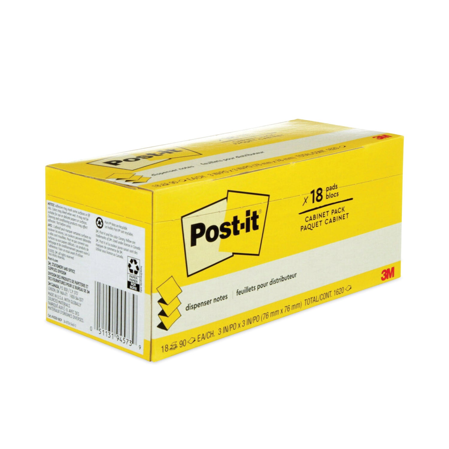 Post-it® Pop-up Notes Original Canary Yellow Pop-up Refill Cabinet Pack, 3" x 3", Canary Yellow, 90 Sheets/Pad, 18 Pads/Pack