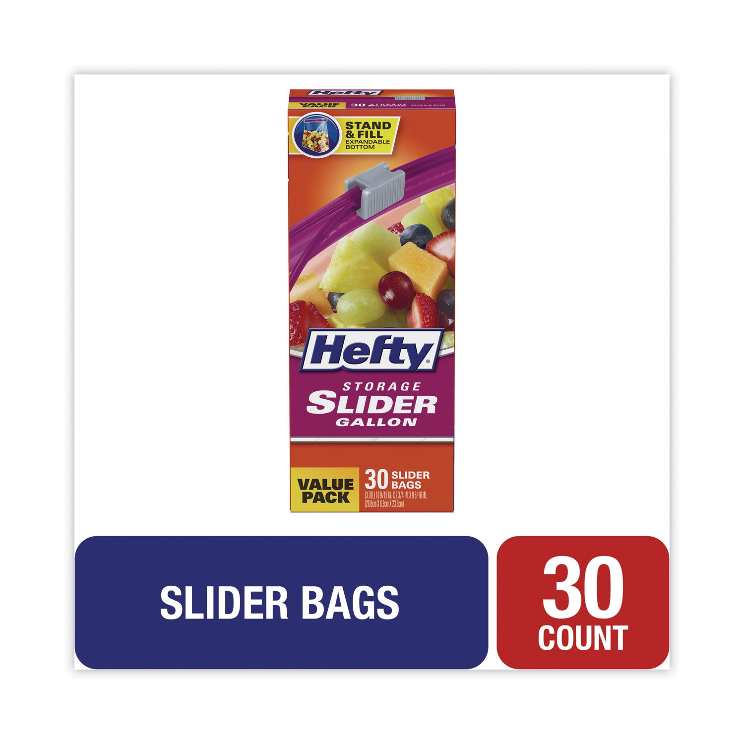 Hefty® Slider Stand and Fill Food Storage Bags, Gallon, 10.56" x 11", Clear, 30/Box