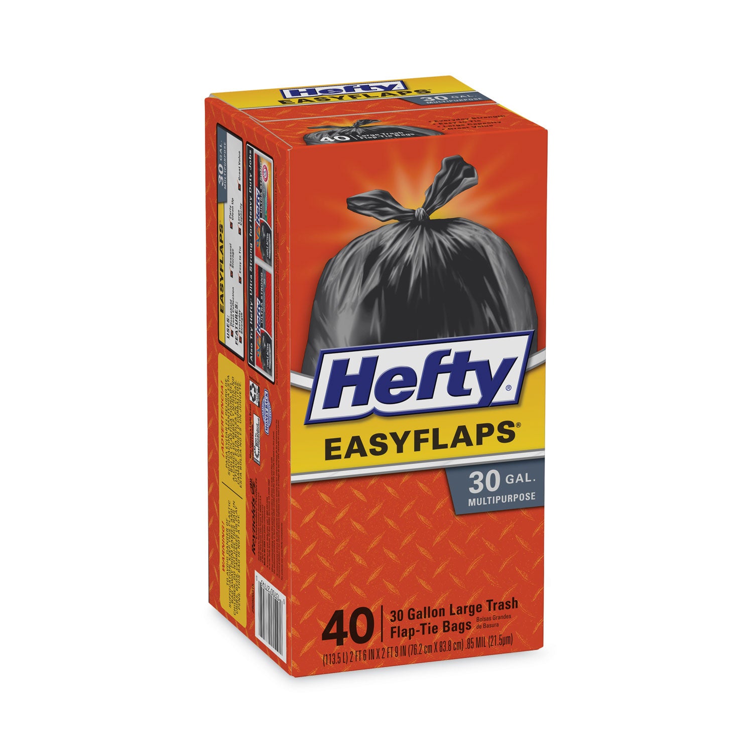 Hefty® Easy Flaps Trash Bags, Tie-Flap, 30 gal, 0.85 mil, 30" x 33", Black, 40/Box