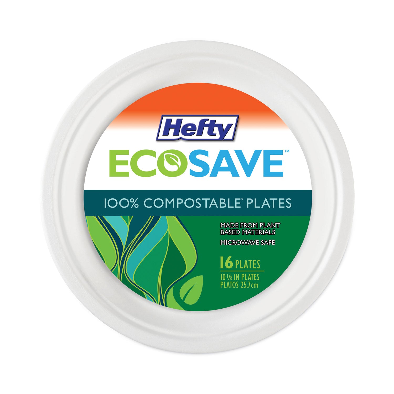 Hefty® ECOSAVE Tableware, Plate, Sugarcane, 10.13" dia, White, 16/Pack