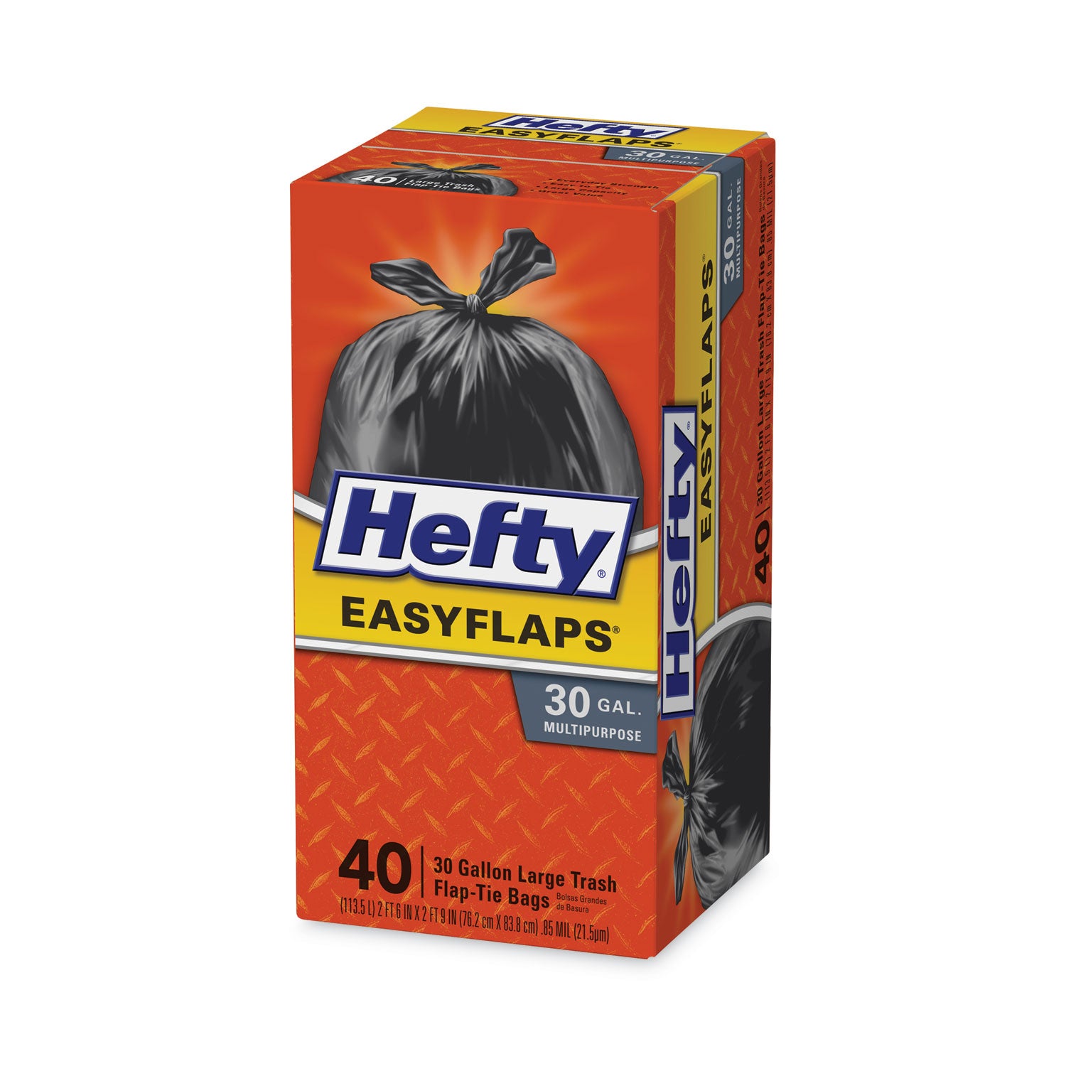 Hefty® Easy Flaps Trash Bags, Tie-Flap, 30 gal, 0.85 mil, 30" x 33", Black, 40/Box