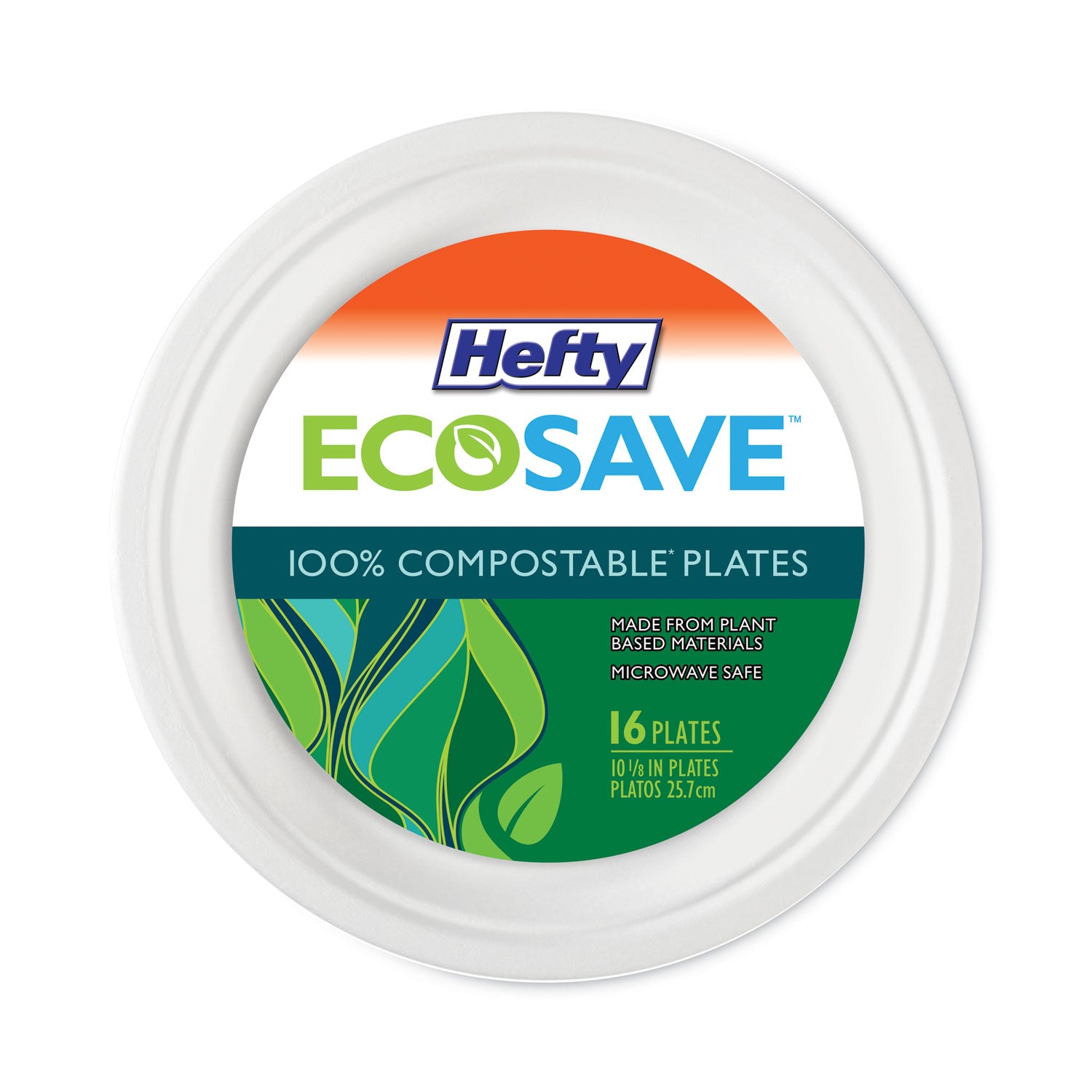 Hefty® ECOSAVE Tableware, Plate, Sugarcane, 10.13" dia, White, 16/Pack, 12 Packs/Carton