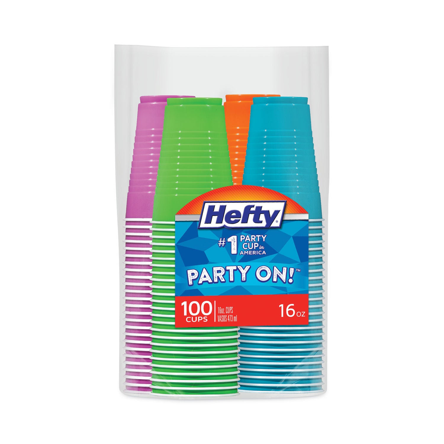 Hefty® Easy Grip Disposable Plastic Party Cups, 16 Oz, Assorted Colors, 100/pack, 4 Packs/carton