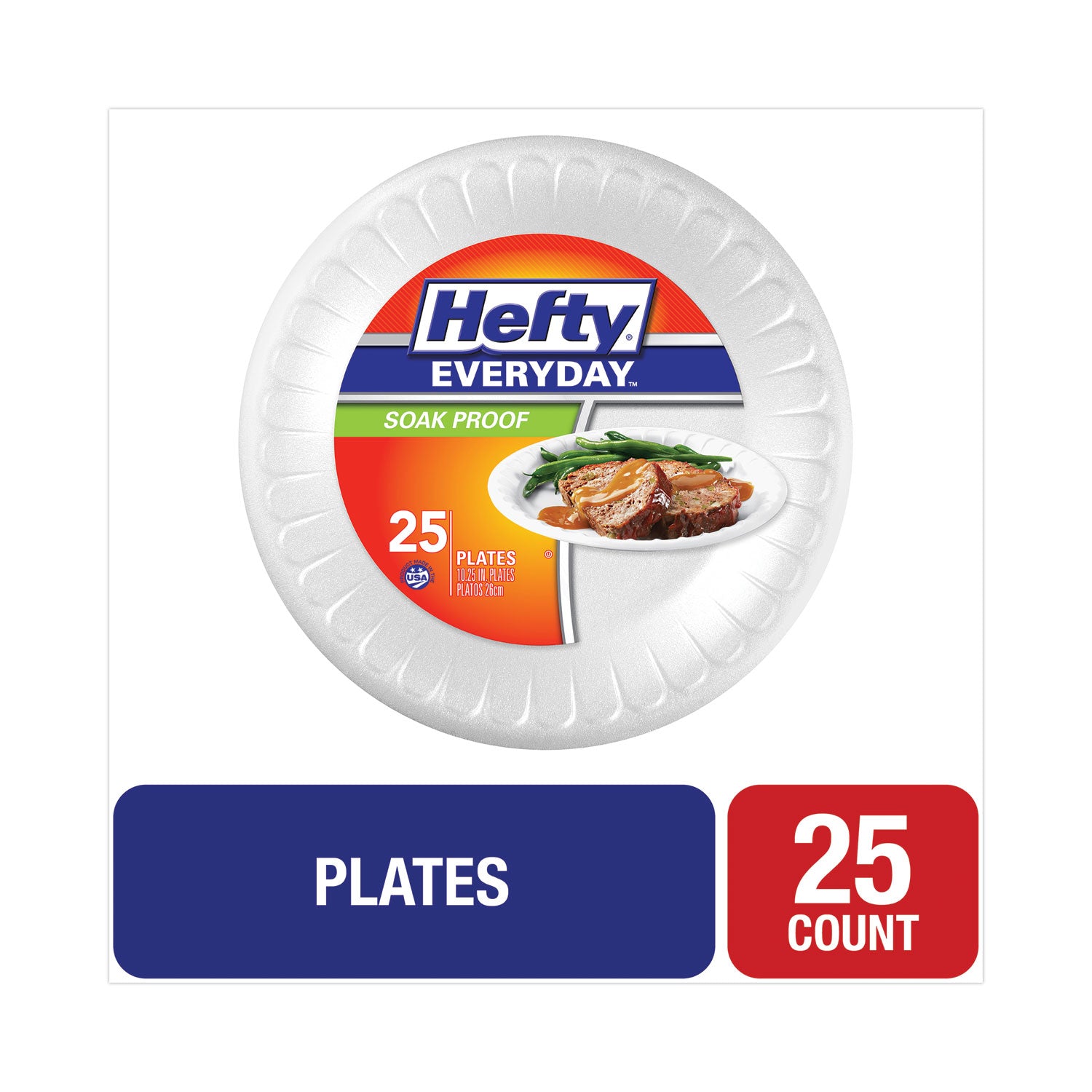 Hefty® Soak Proof Tableware, Plate, Foam, 10.25" dia, White, 25/Pack, 10 Packs/Carton