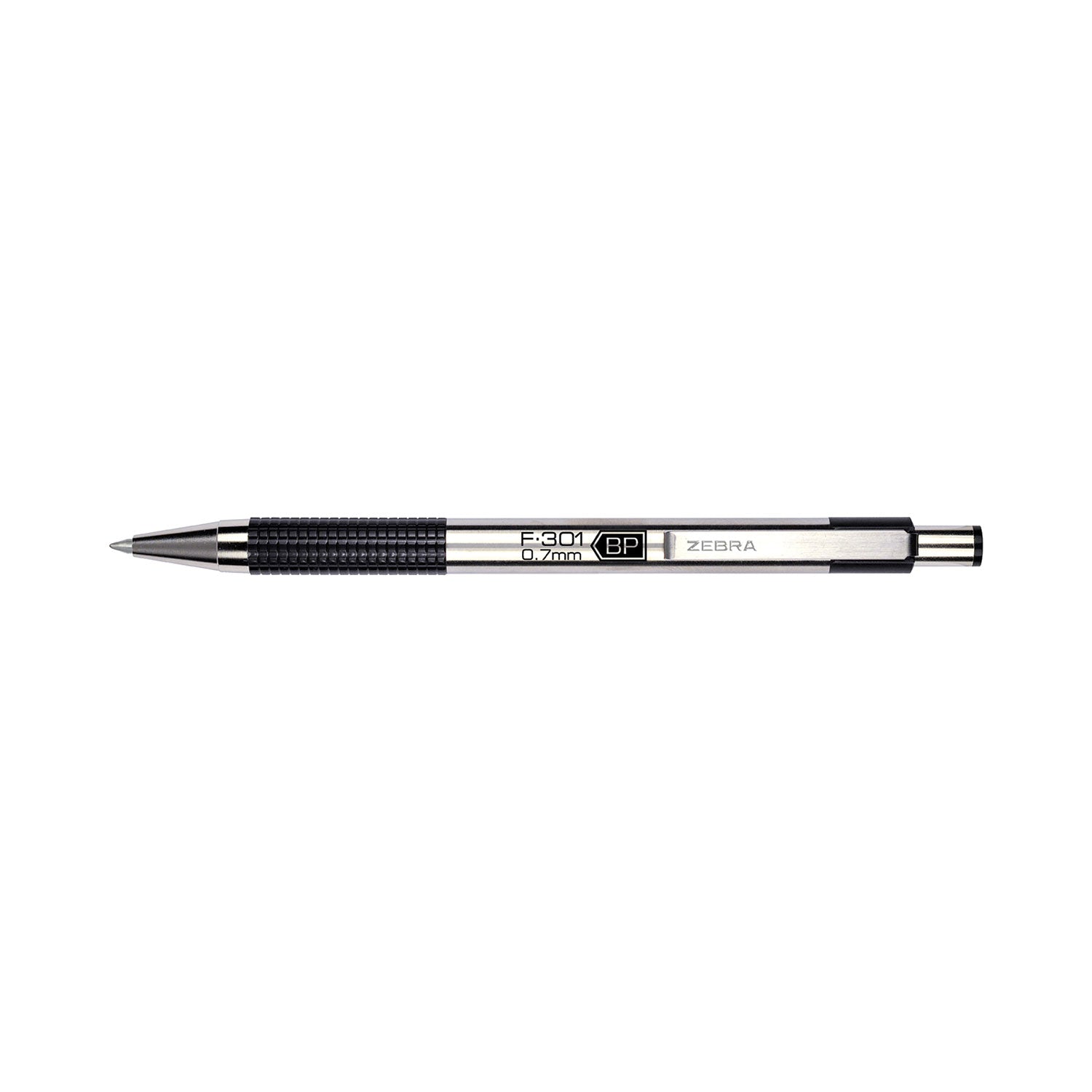 Zebra® F-301 Ballpoint Pen, Retractable, Fine 0.7 Mm, Black Ink, Stainless Steel/black Barrel, 2/pack