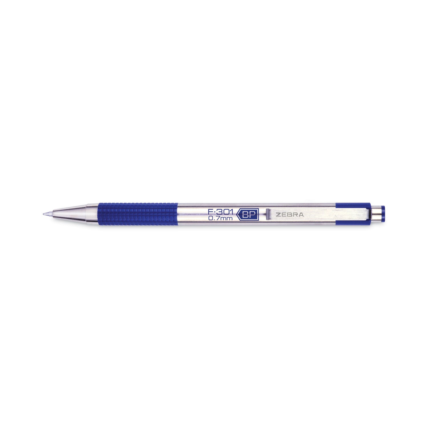 Zebra® F-301 Ballpoint Pen, Retractable, Fine 0.7 Mm, Blue Ink, Stainless Steel/blue Barrel