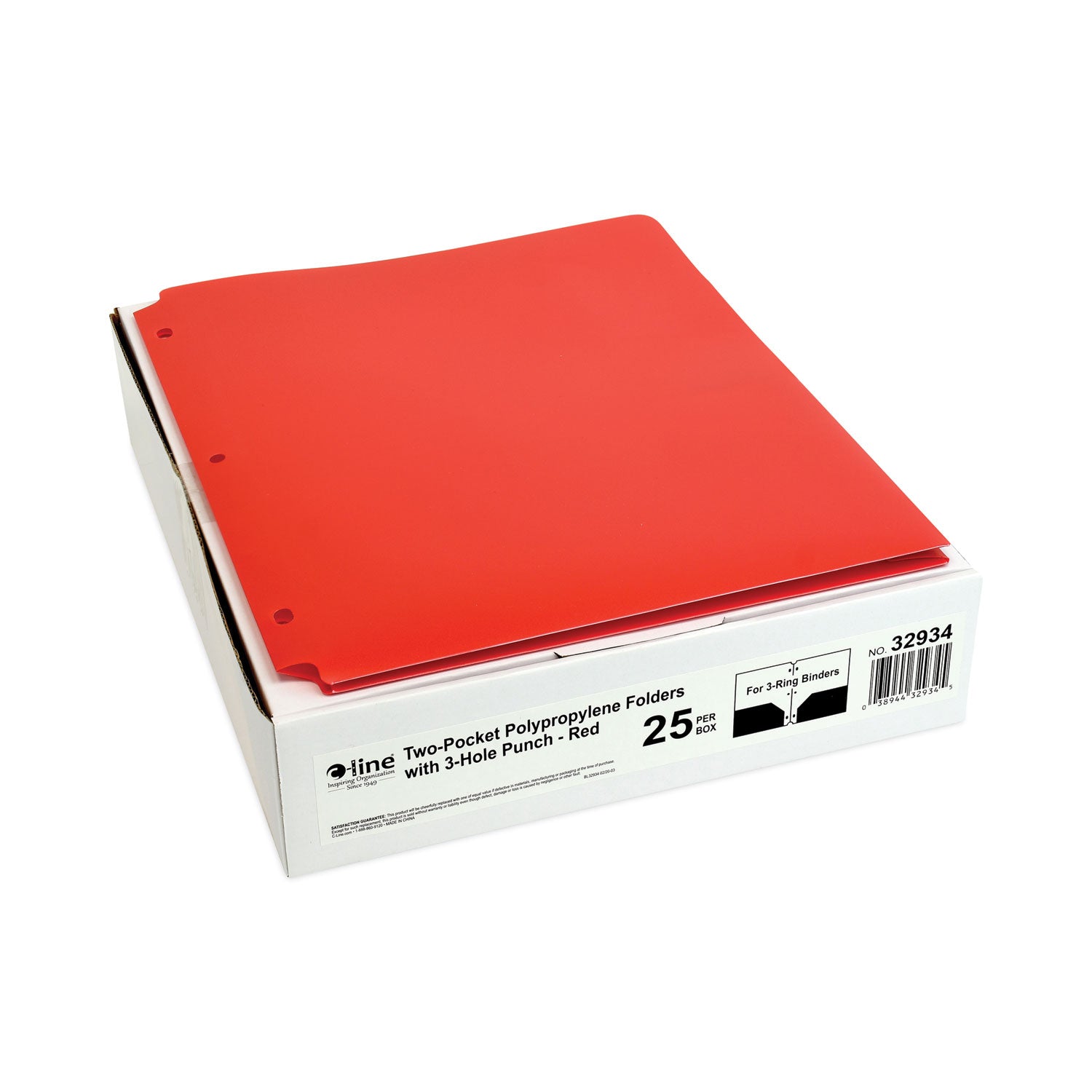 C-Line® Two-Pocket Heavyweight Poly Portfolio Folder, 3-Hole Punch, 11 X 8.5, Red, 25/box