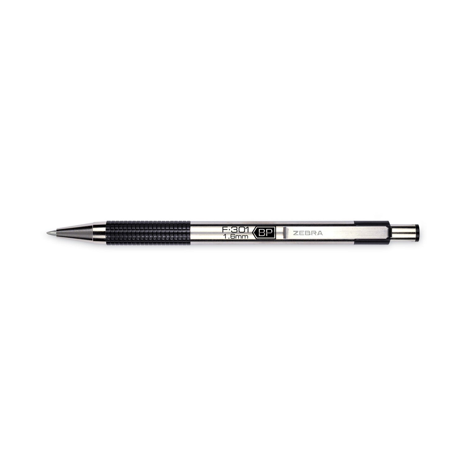 Zebra® F-301 Ballpoint Pen, Retractable, Bold 1.6 Mm, Black Ink, Stainless Steel/black Barrel, 2/pack