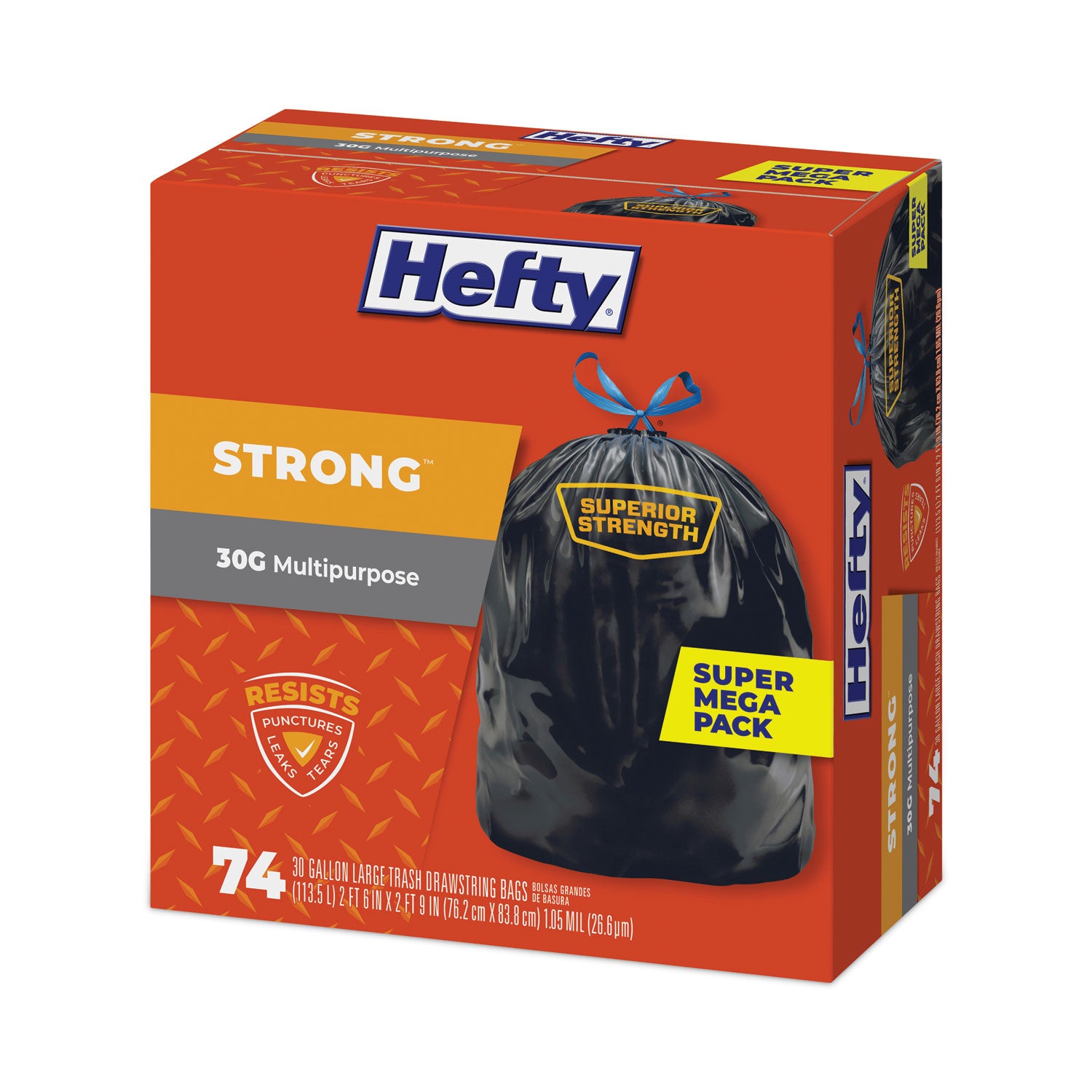 Hefty® Strong Multipurpose Drawstring Trash Bags, 30 gal, 1.1 mil, 30" x 33", Black, 74/Box