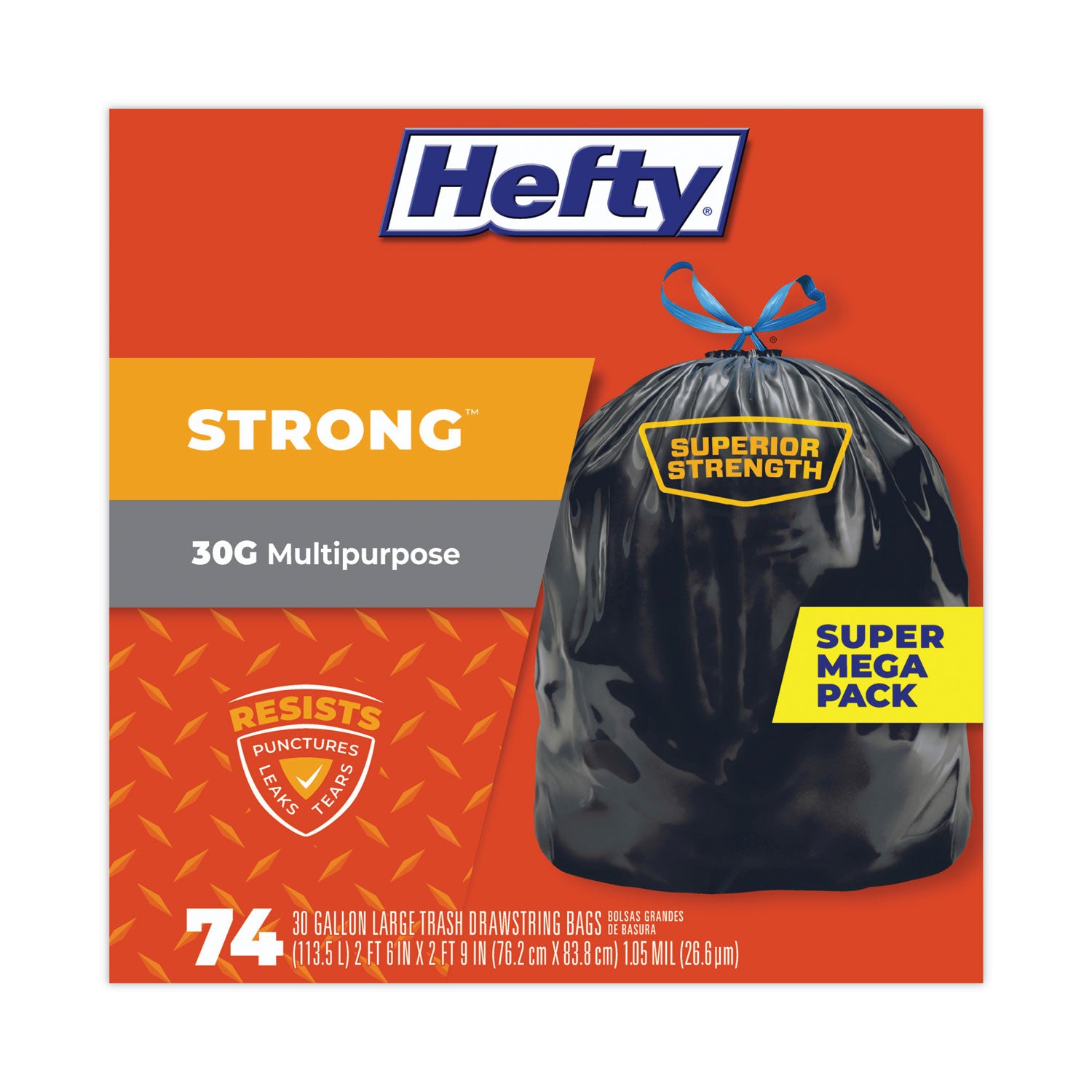 Hefty® Strong Multipurpose Drawstring Trash Bags, 30 gal, 1.1 mil, 30" x 33", Black, 74/Box