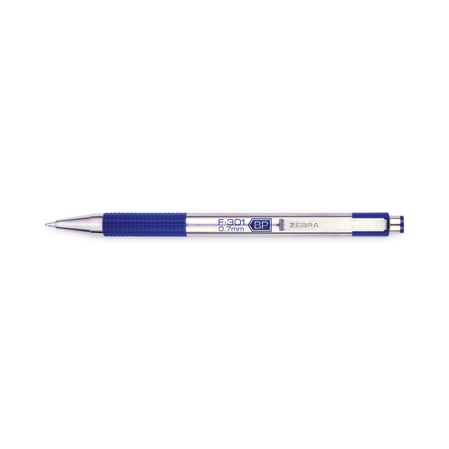 Zebra® F-301 Ballpoint Pen, Retractable, Fine 0.7 Mm, Blue Ink, Stainless Steel/blue Barrel, 2/pack