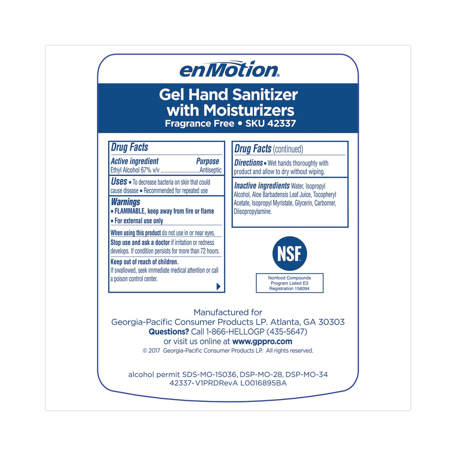 Georgia Pacific® Professional Enmotion Gen2 E3-Rated Gel Sanitizer Dispenser Refill, 1,000 Ml Bottle, Fragrance-Free, 2/carton