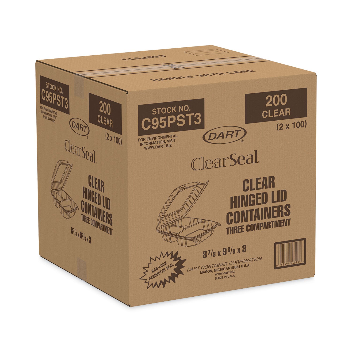 Dart® ClearSeal Hinged-Lid Plastic Containers, 3 Compartments, 9.4 x 8.9 x 3, Plastic, 100/Bag, 2 Bags/Carton