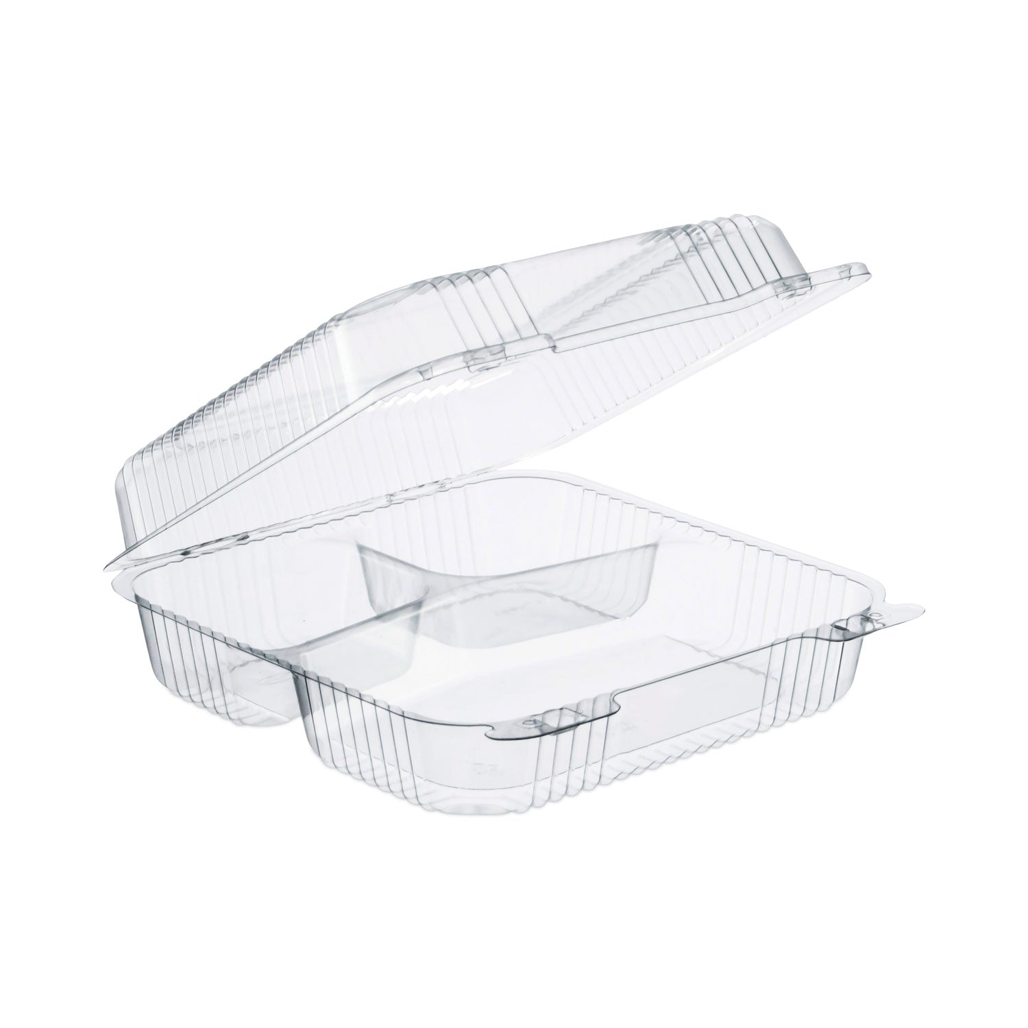 Dart® StayLock Clear Hinged Lid Containers, 3 Compartments, 8.6 x 9 x 3, Clear, Plastic, 100/Packs, 2 Packs/Carton