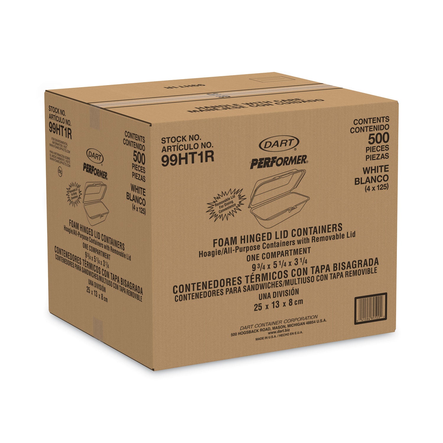 Dart® Foam Hinged Lid Container, Hoagie Container With Removable Lid, 5.3 X 9.8 X 3.3, White, 125/bag, 4 Bags/carton