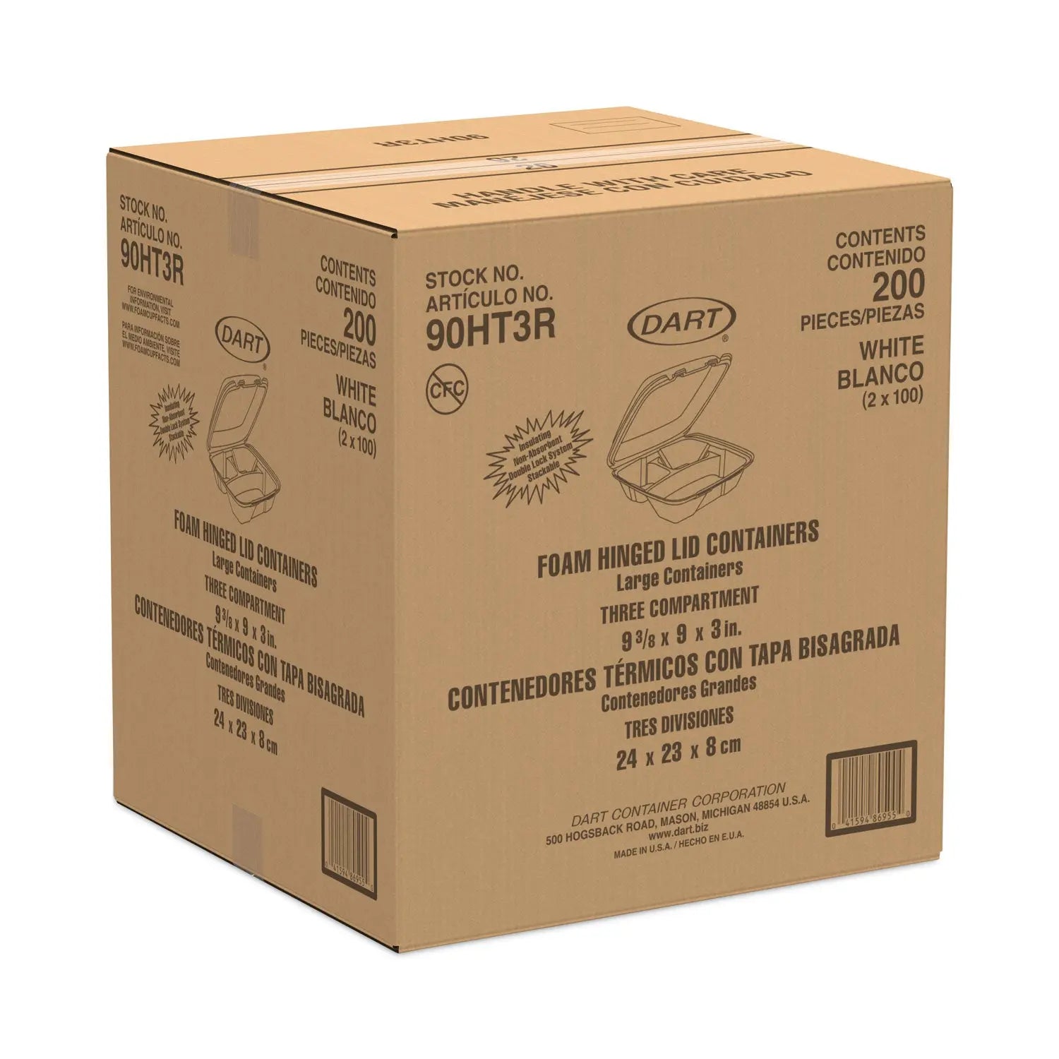 Foam Hinged Lid Container, 3-Compartment, 8 oz, 9 x 9.4 x 3, White, 200/Carton Dart® Flipcost