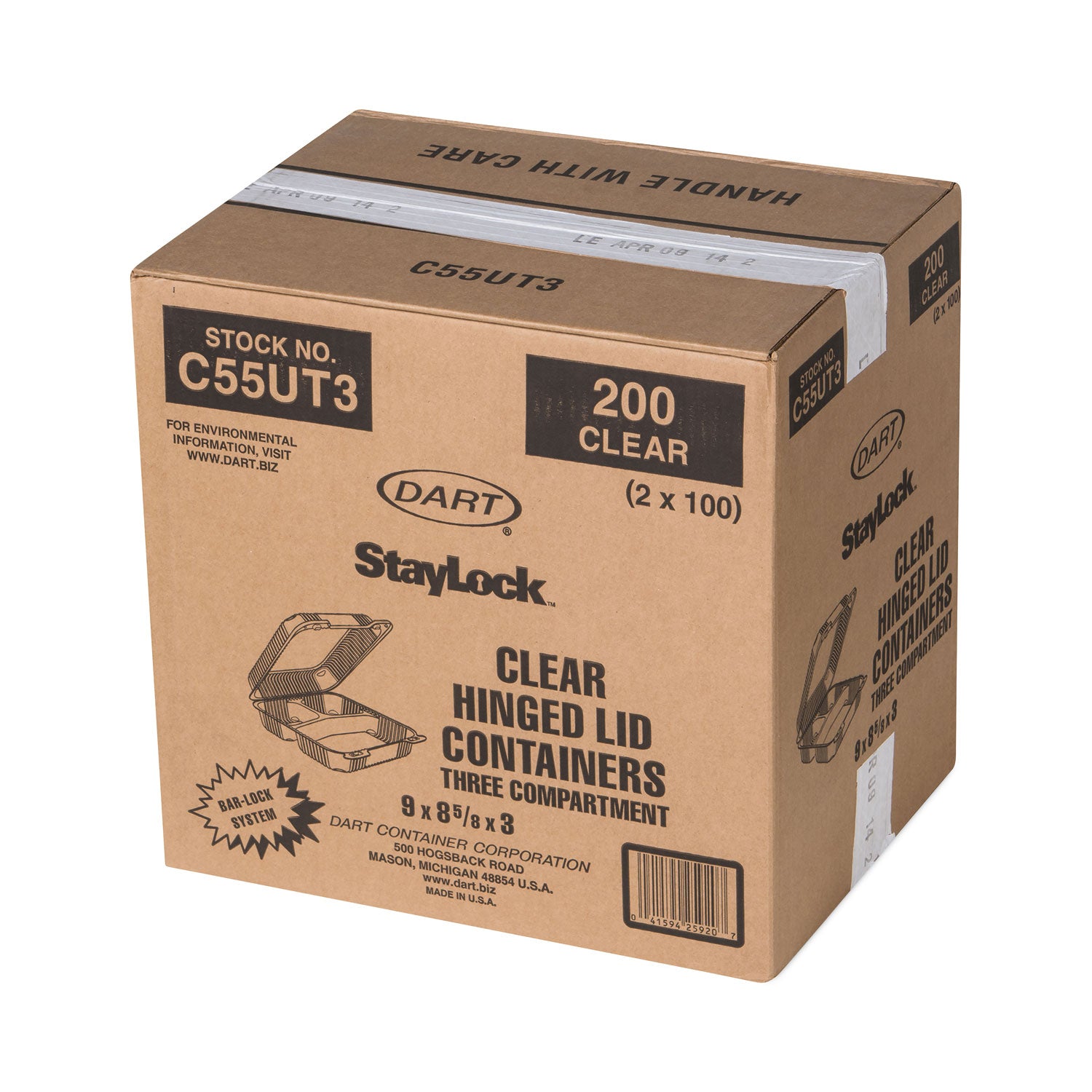 Dart® StayLock Clear Hinged Lid Containers, 3 Compartments, 8.6 x 9 x 3, Clear, Plastic, 100/Packs, 2 Packs/Carton