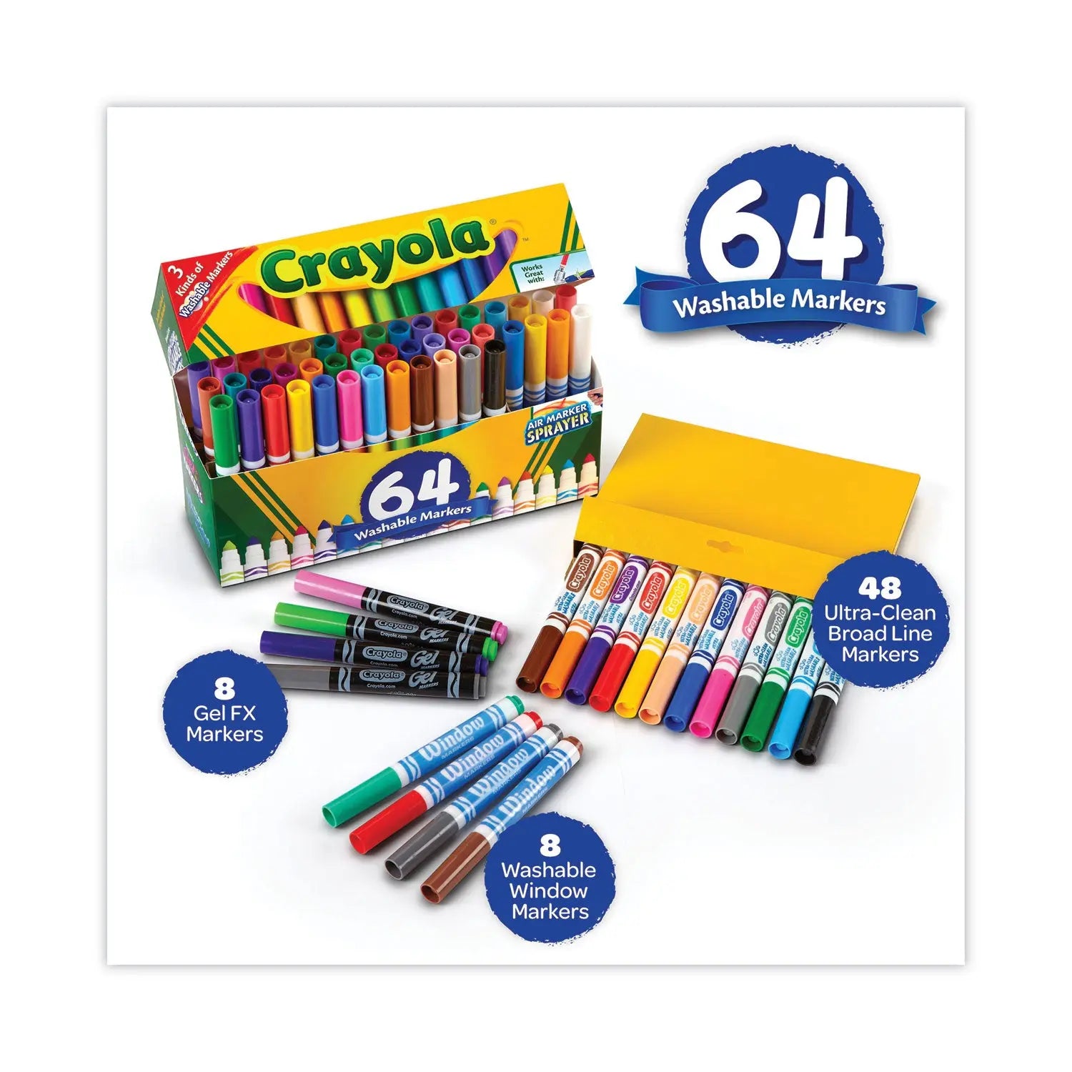 Broad Line Washable Markers, 48 Broad Bullet Tip/8 Gel/8 Window, Assorted Colors, 64/Set Crayola® Flipcost