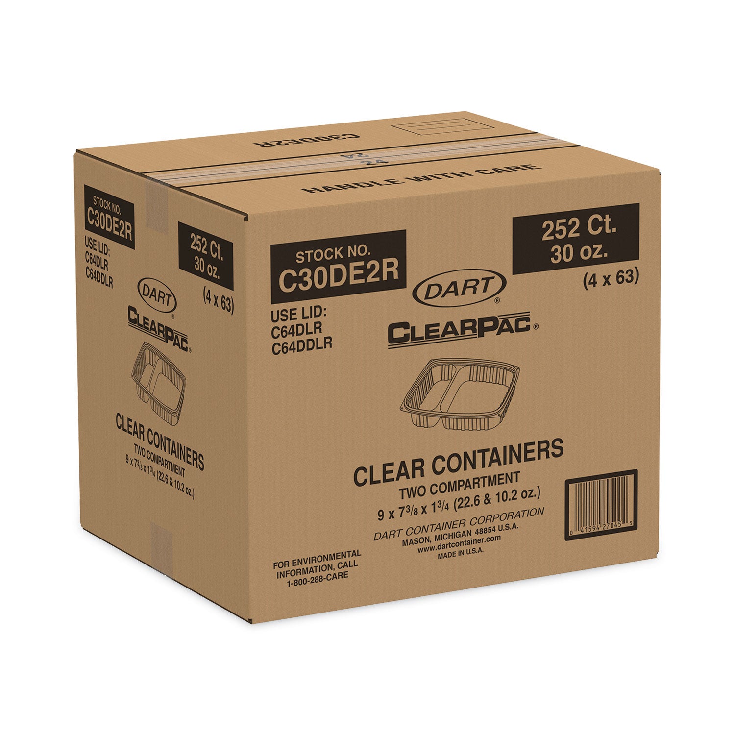 Dart® ClearPac Containers, 2 Compartments, 32.8 oz, 7.4 x 9 x 1.7, Clear, Plastic, 63/Pack, 4 Packs/Carton