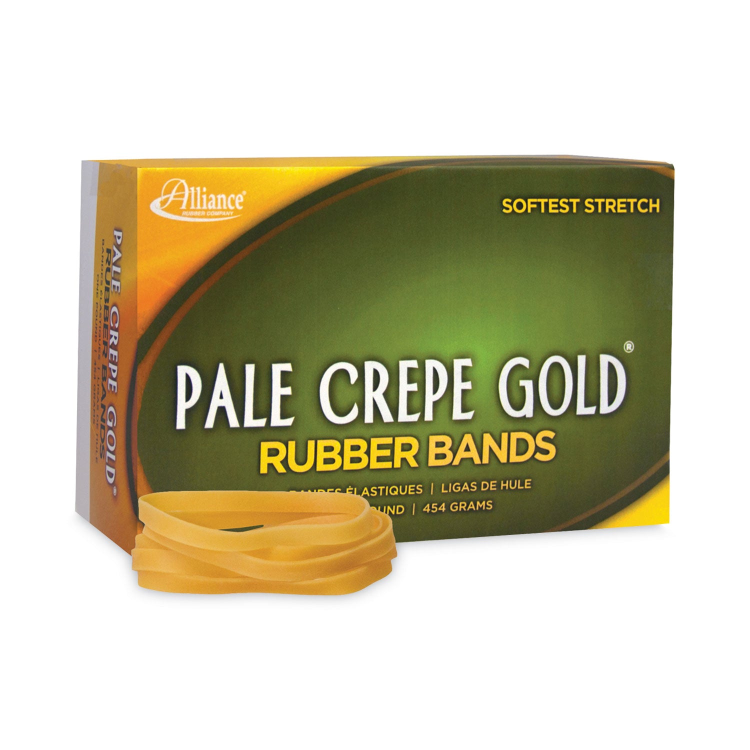 Alliance® Pale Crepe Gold Rubber Bands, Size 64, 0.04" Gauge, Golden Crepe, 1 lb Box, 490/Box