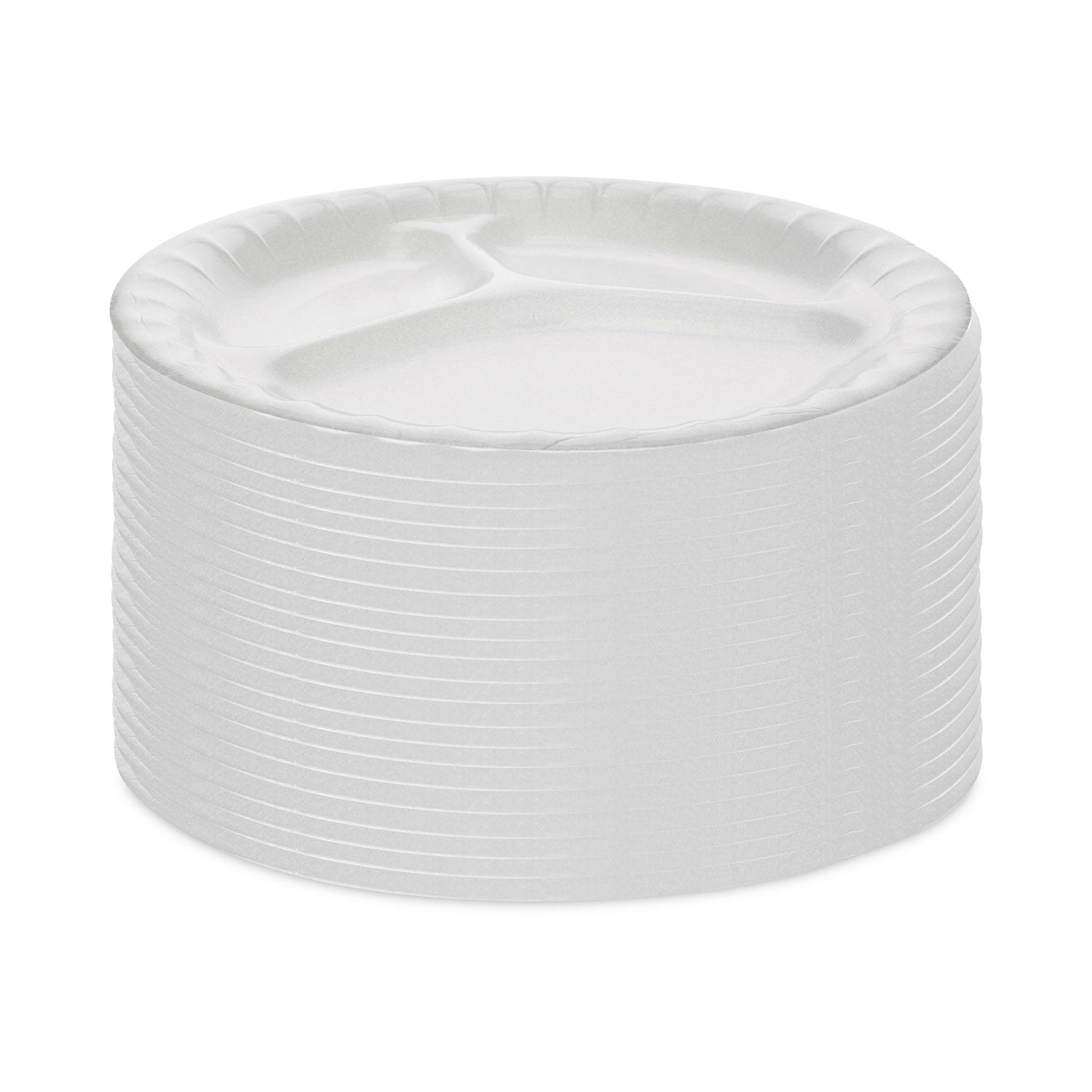 Pactiv Evergreen Placesetter Deluxe Laminated Foam Dinnerware, 3-Compartment Plate, 8.88" dia, White, 500/Carton