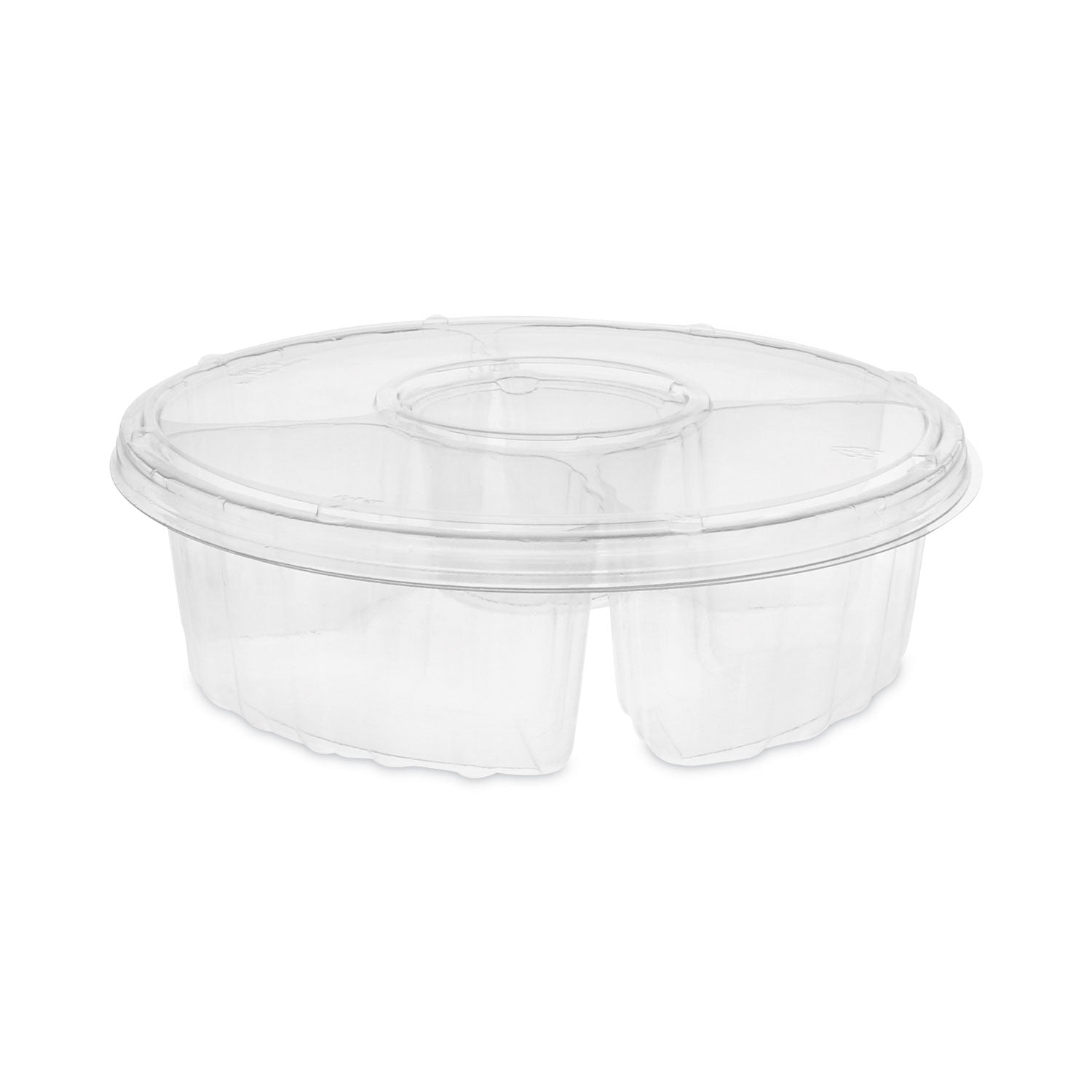 Pactiv Evergreen Dip Cup Platter, 4 Compartments, 64 oz, 10" Diameter, Clear, Plastic, 100/Carton