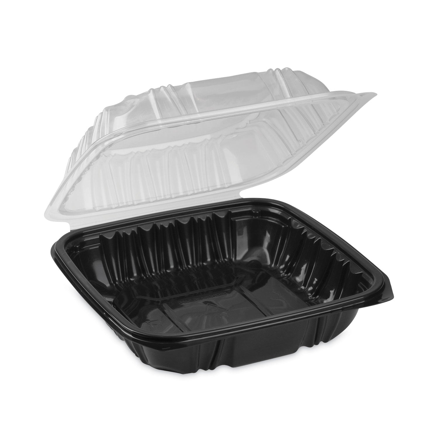 Pactiv Evergreen EarthChoice Vented Dual Color Microwavable Hinged Lid Container, 38 oz, 8.5 x 8.5 x 3, Black/Clear, Plastic, 150/Carton