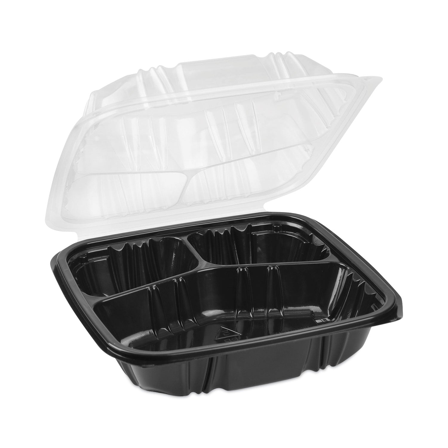 Pactiv Evergreen EarthChoice Vented Dual Color Microwavable Hinged Lid Container, 3 Compartments, 33 oz, Black/Clear, Plastic, 150/Carton