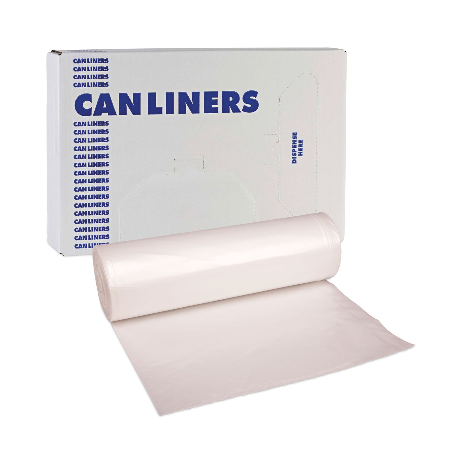 Boardwalk® High-Density Can Liners, 60 gal, 14 mic, 38" x 58", Natural, Perforated Roll, 25 Bags/Roll, 8 Rolls/Carton