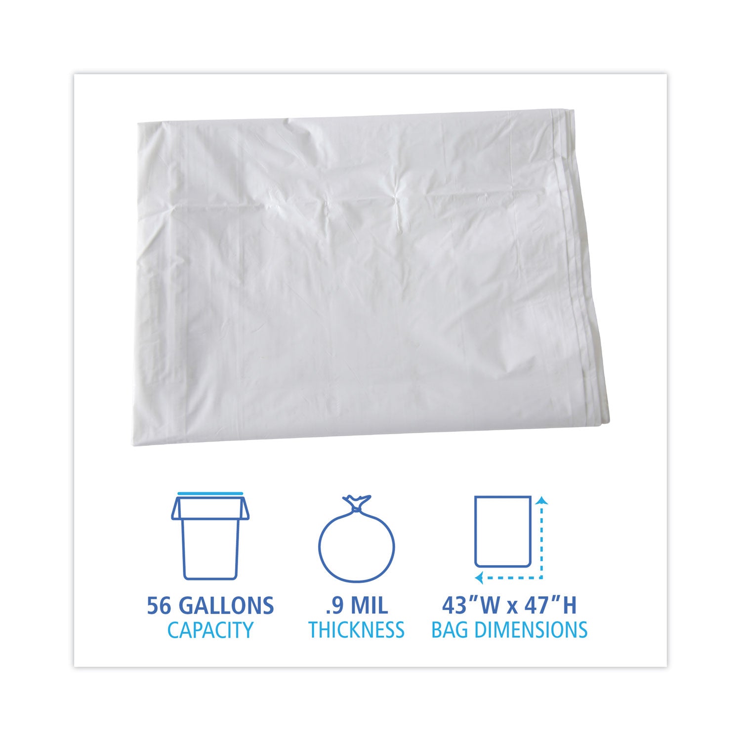 Boardwalk® Linear Low Density Industrial Can Liners, 56 gal, 0.9 mil, 43" x 47", White, Flat Pack, 100/Carton