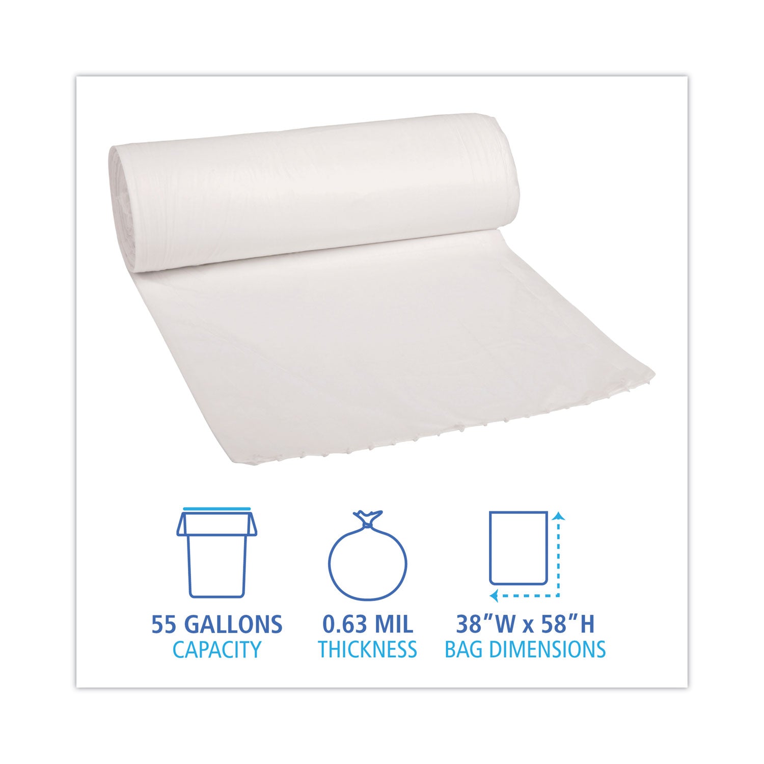 Boardwalk® Low-Density Waste Can Liners, 60 gal, 0.5 mil, 38" x 58", White, Perforated Roll, 10 Bags/Roll, 10 Rolls/Carton