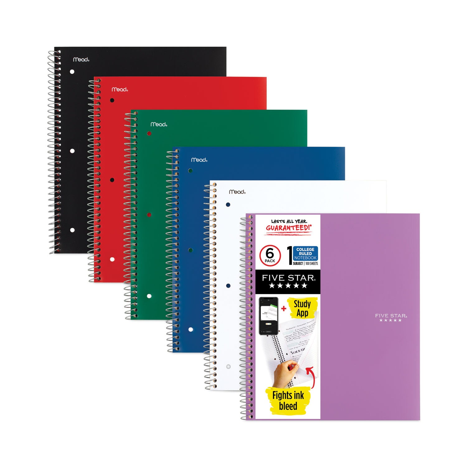 Wirebound Notebook, 1-Subject, Medium/College Rule, Assorted Cover Colors, (100) 11 x 8.5 Sheets, 6/Pack