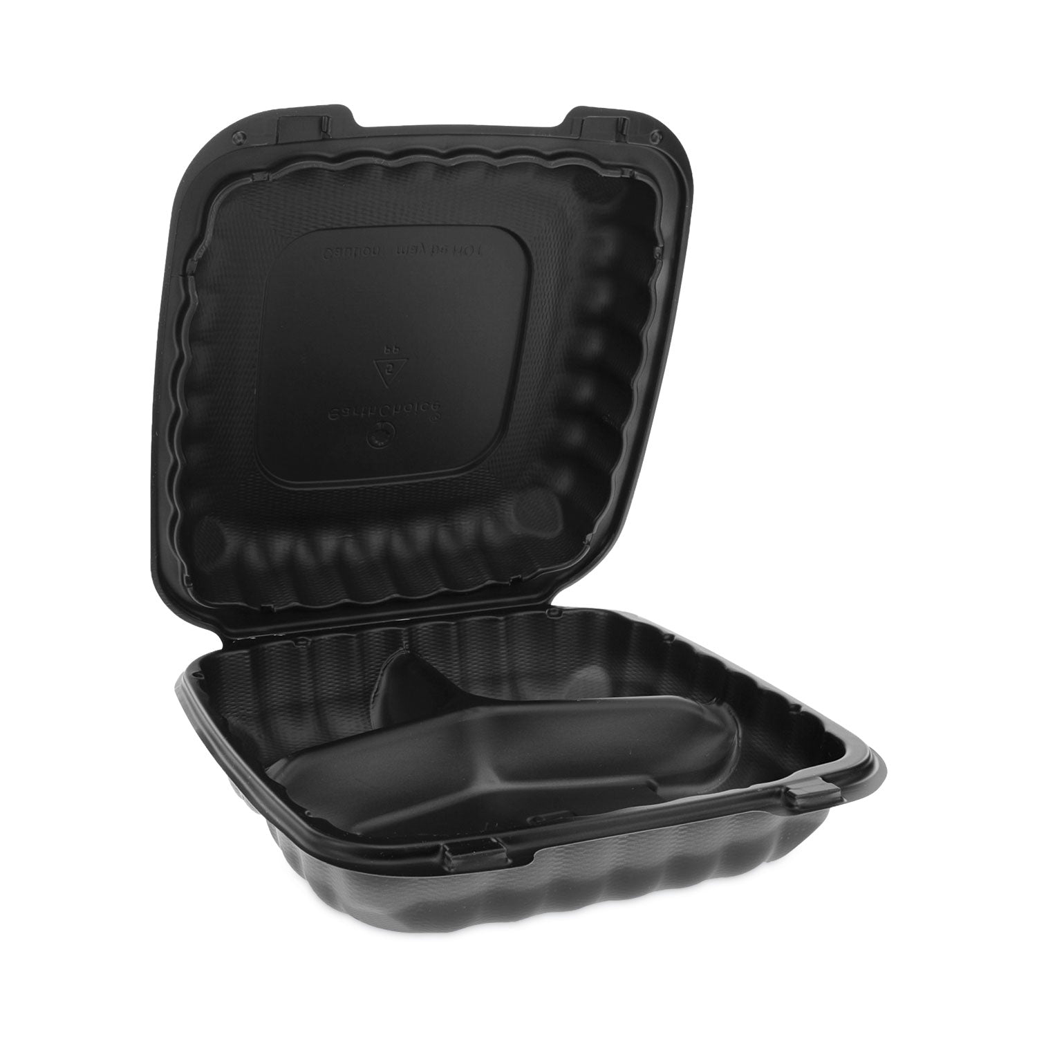 Pactiv Evergreen EarthChoice SmartLock Microwavable MFPP Hinged Lid Container, 3 Compartments, 9.33 x 8.88 x 3.1, Black, Plastic, 120/Carton