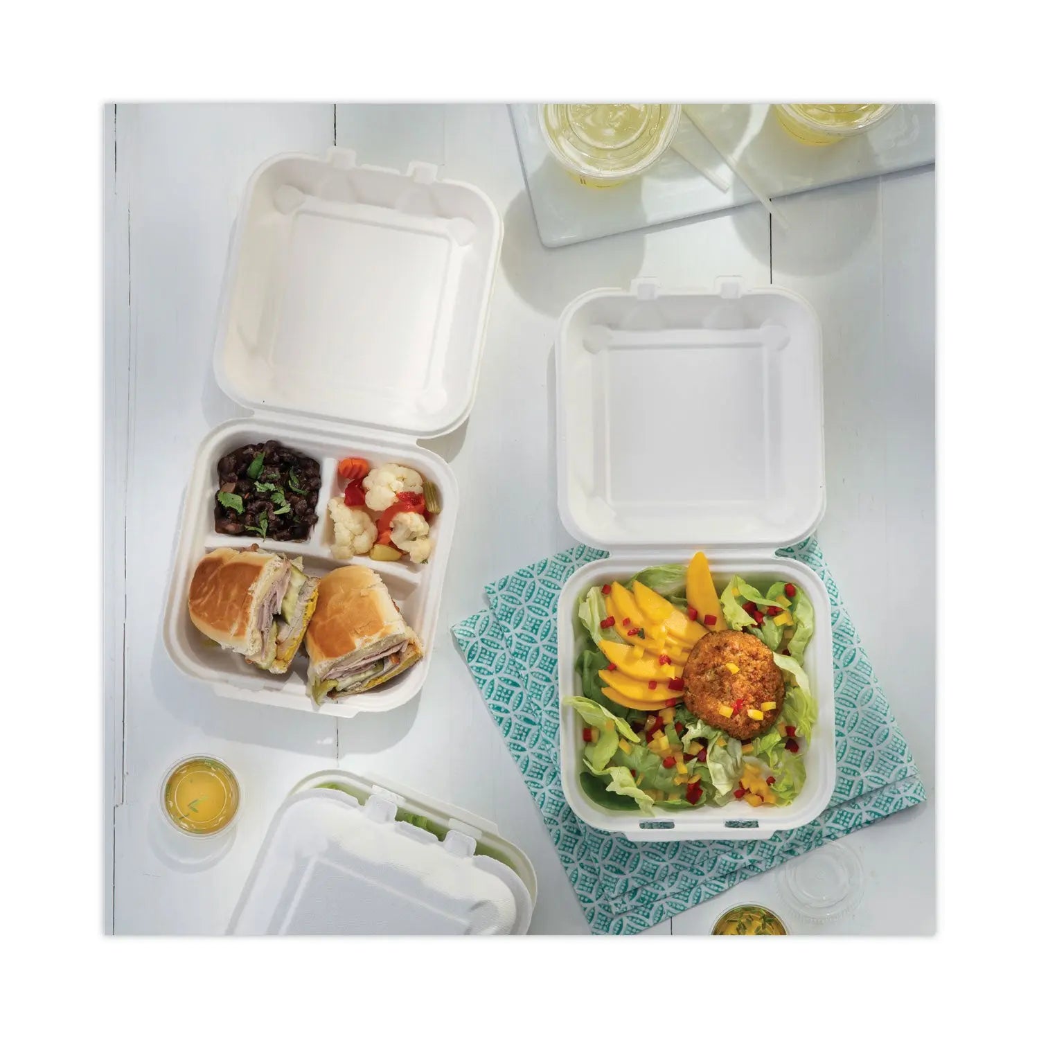 EarthChoice Bagasse Hinged Lid Container, 3-Compartment, Dual Tab Lock, 7.8 x 7.8 x 2.8, Natural, Sugarcane, 150/Carton Pactiv Evergreen Flipcost